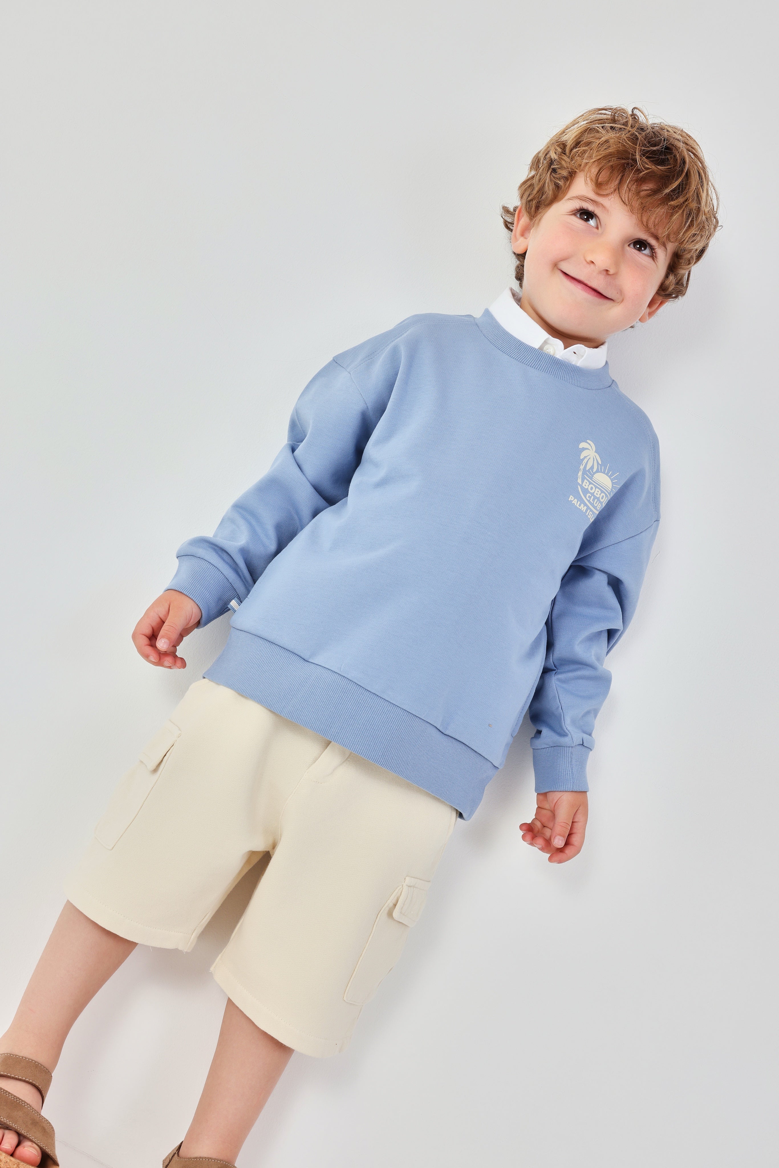 boys blue sweatshirt baby toddler outfit styled look With shorts