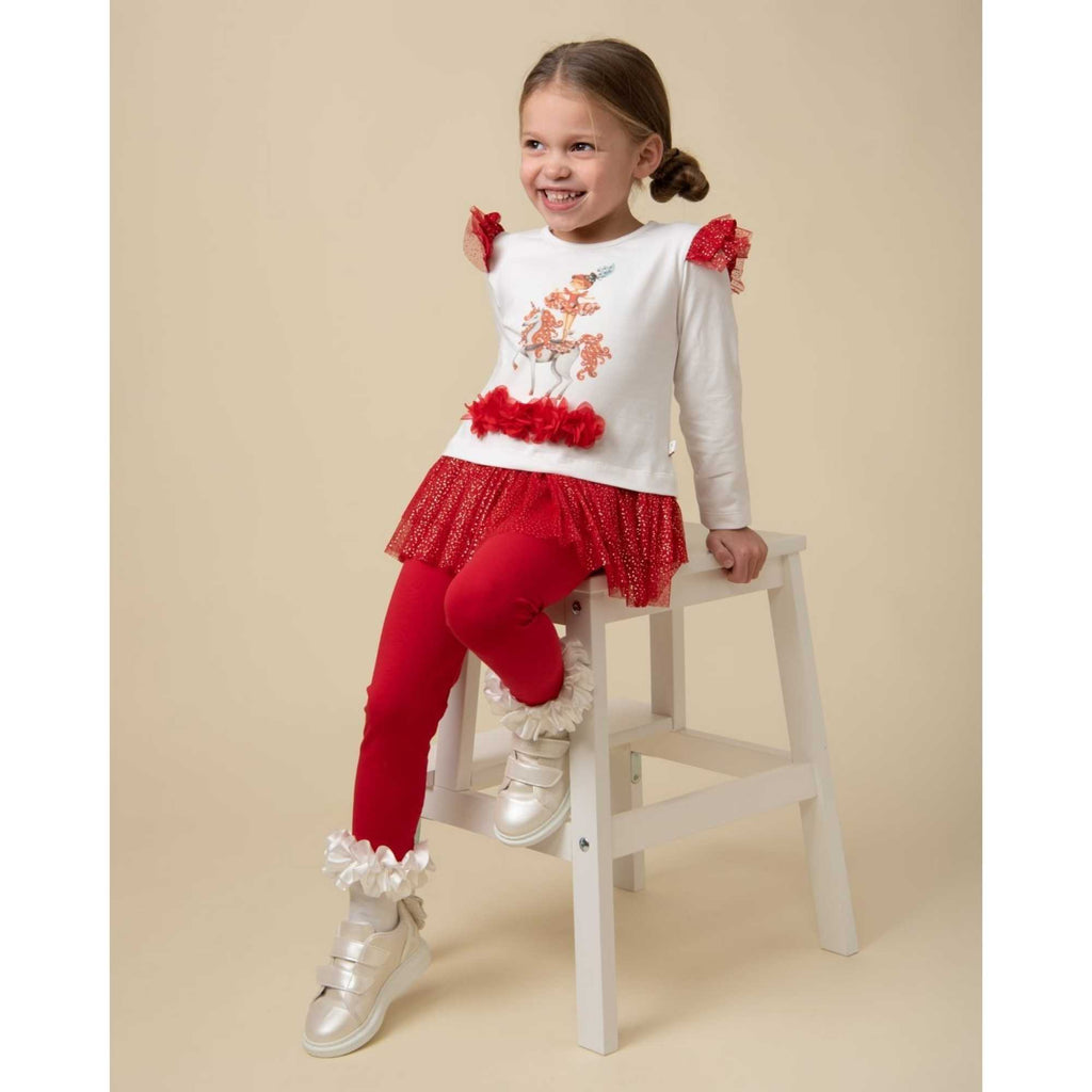 Caramelo Red & White Girls Dancer Glitter Top & Leggings Set