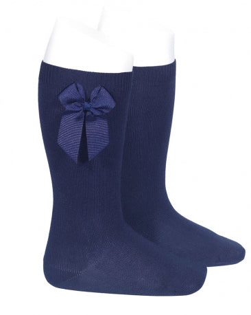 Condor navy girls cotton knee socks with side bow detail