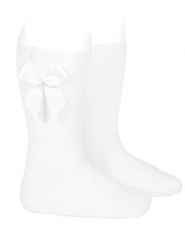 Condor girls white cotton knee socks with side grosgrain bow