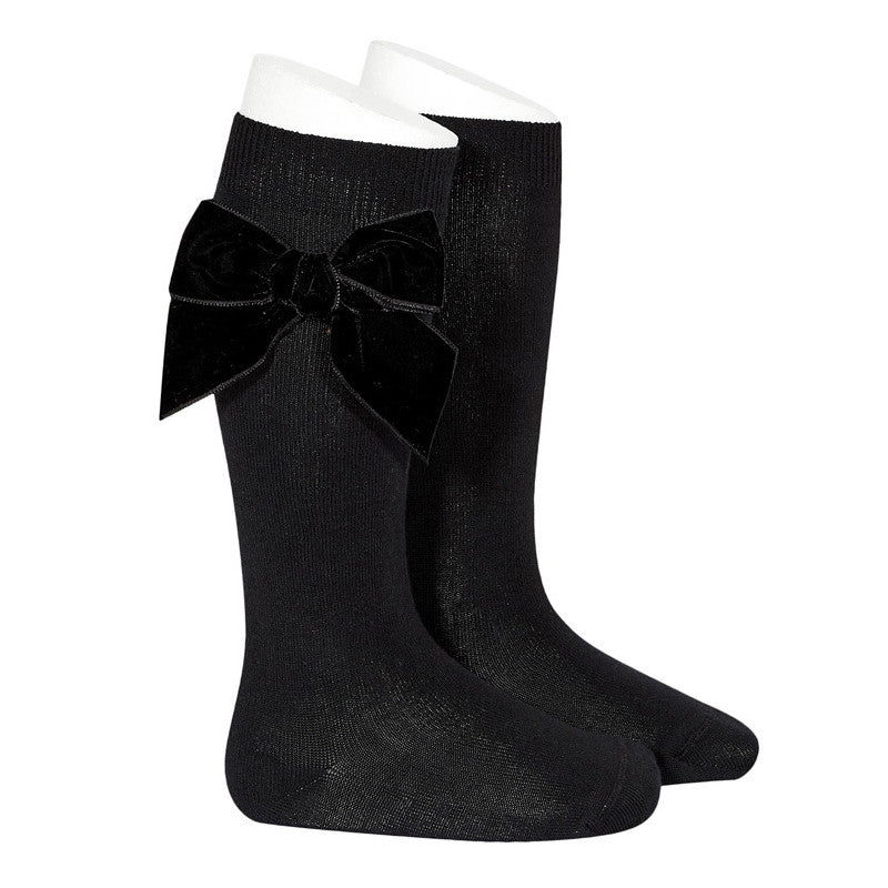 Condor girls black cotton knee high socks with velvet side bows