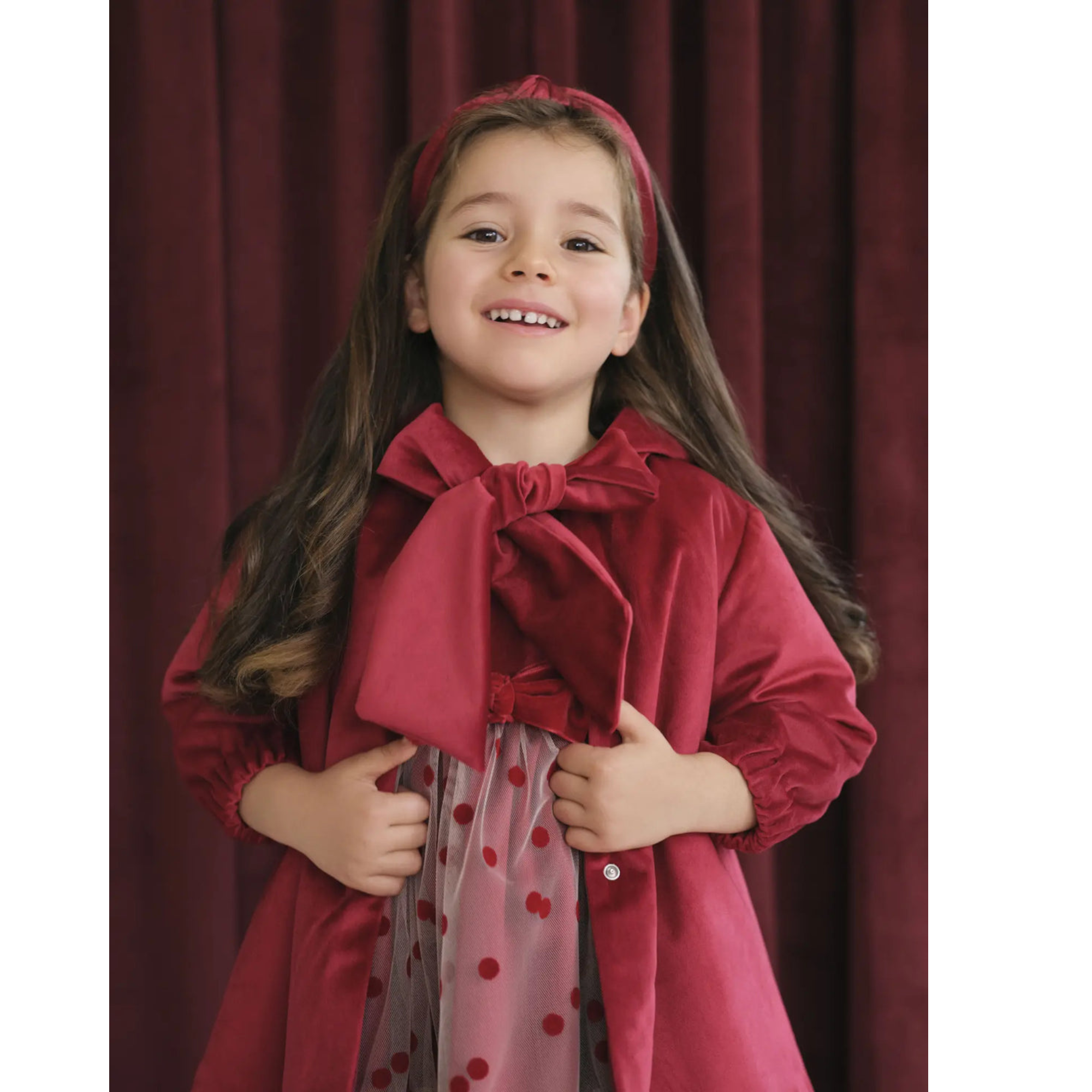 Deolinda Girls Red Velvet Bow Front Christmas Coat