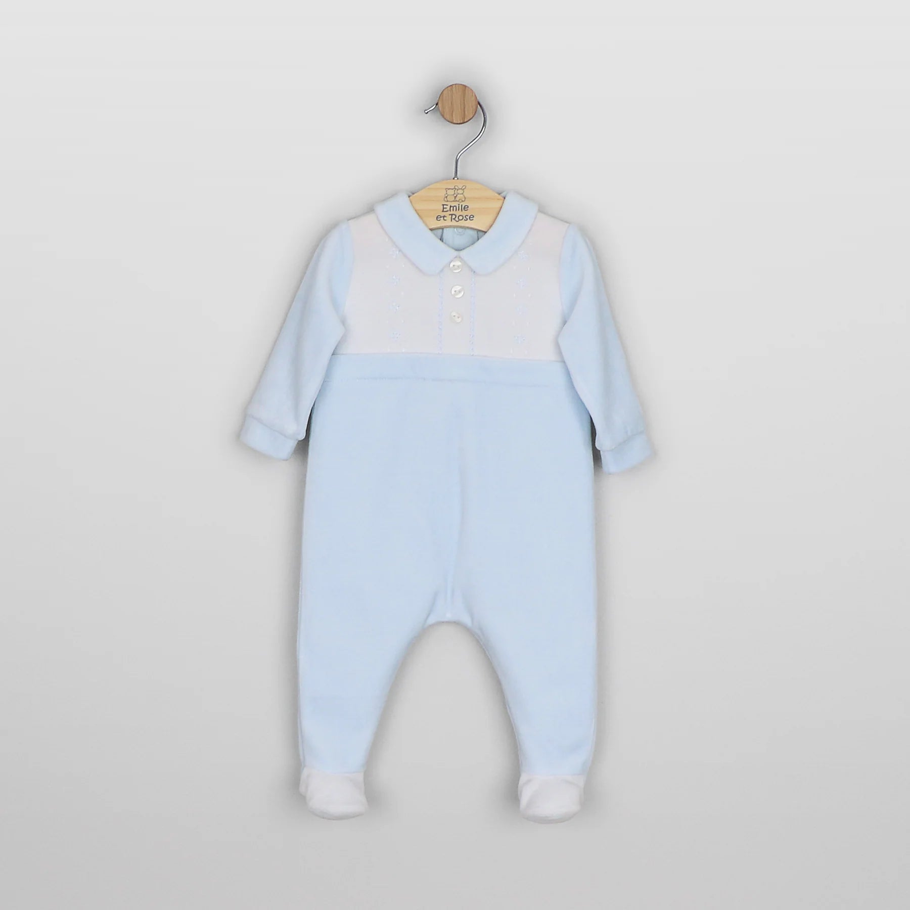 Emile et Rose Monty pale blue baby boys velour babygrow front view