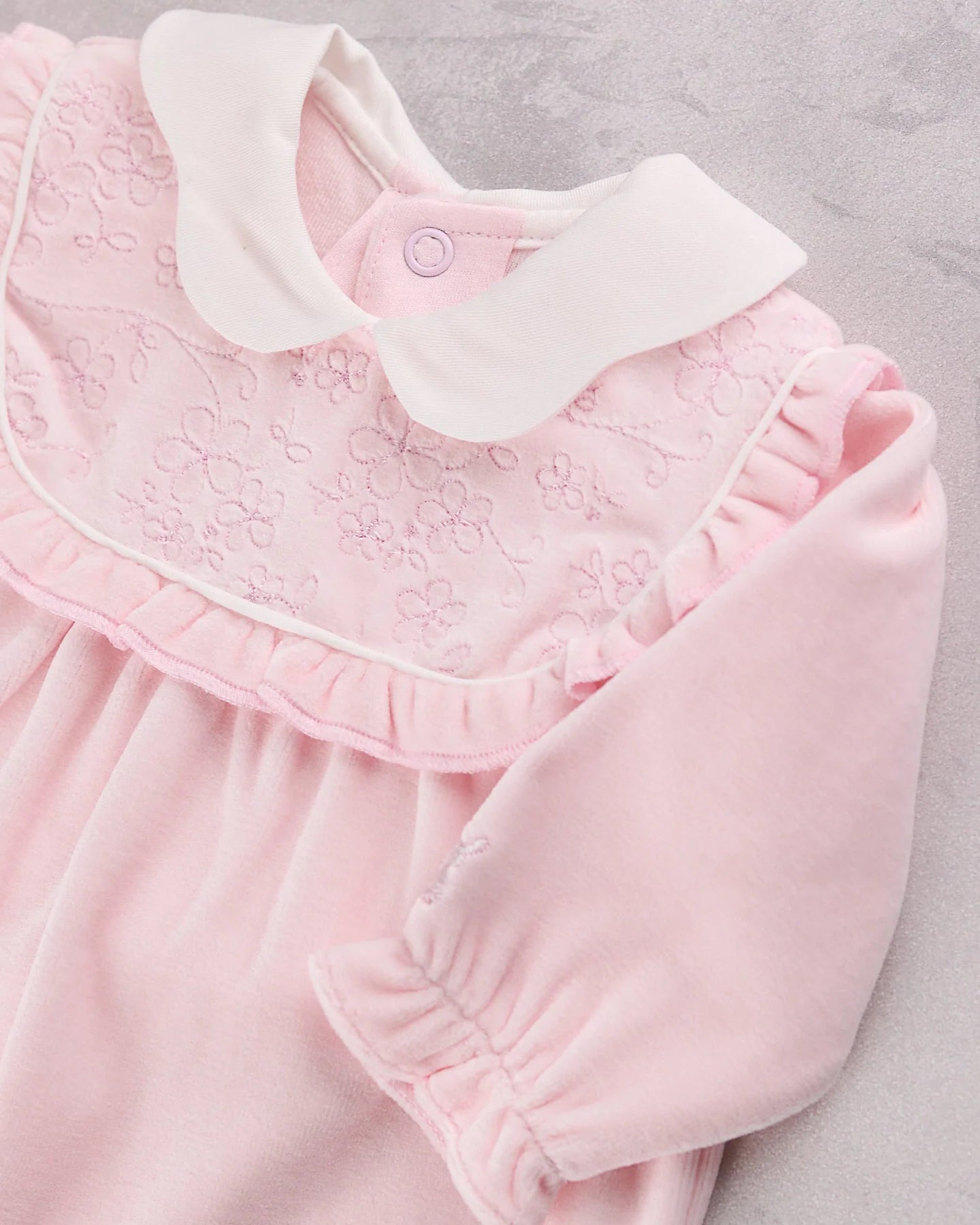 Emile et Rose Maddy baby girls pink babygrow embroidered frilled yoke detail