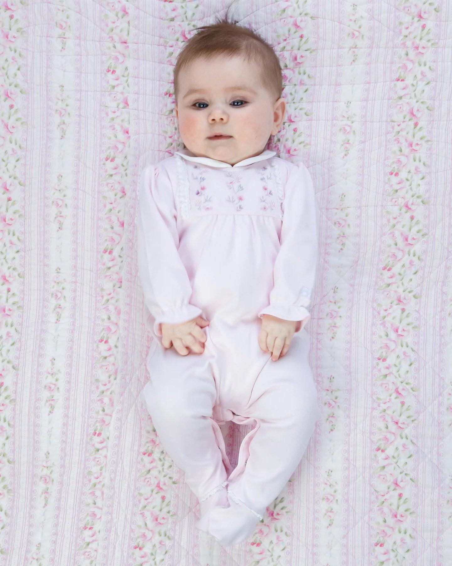 Emile et Rose Madeleine pale pink baby girls velour babygrow front view