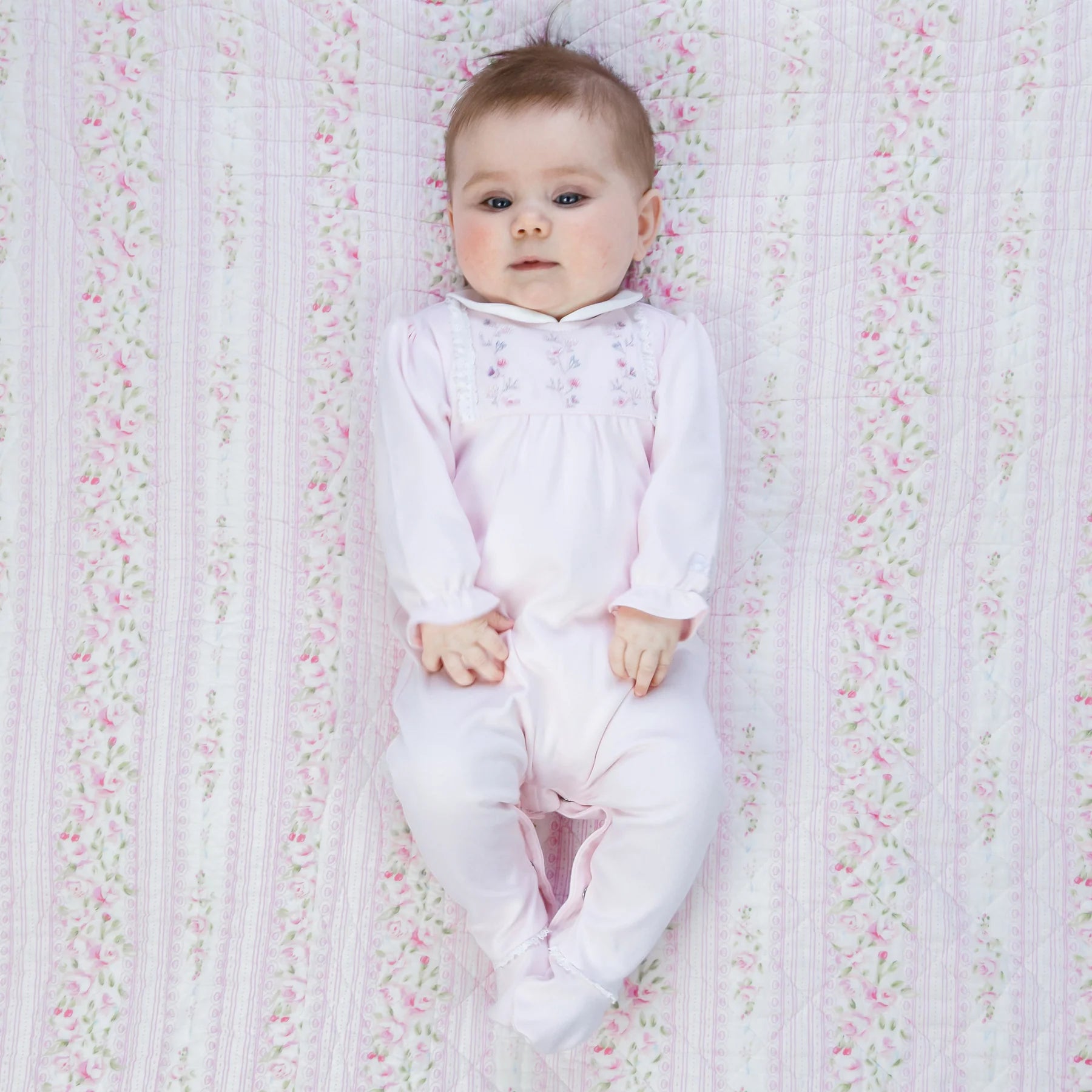 Emile et Rose Madeleine pale pink baby girls velour babygrow front view