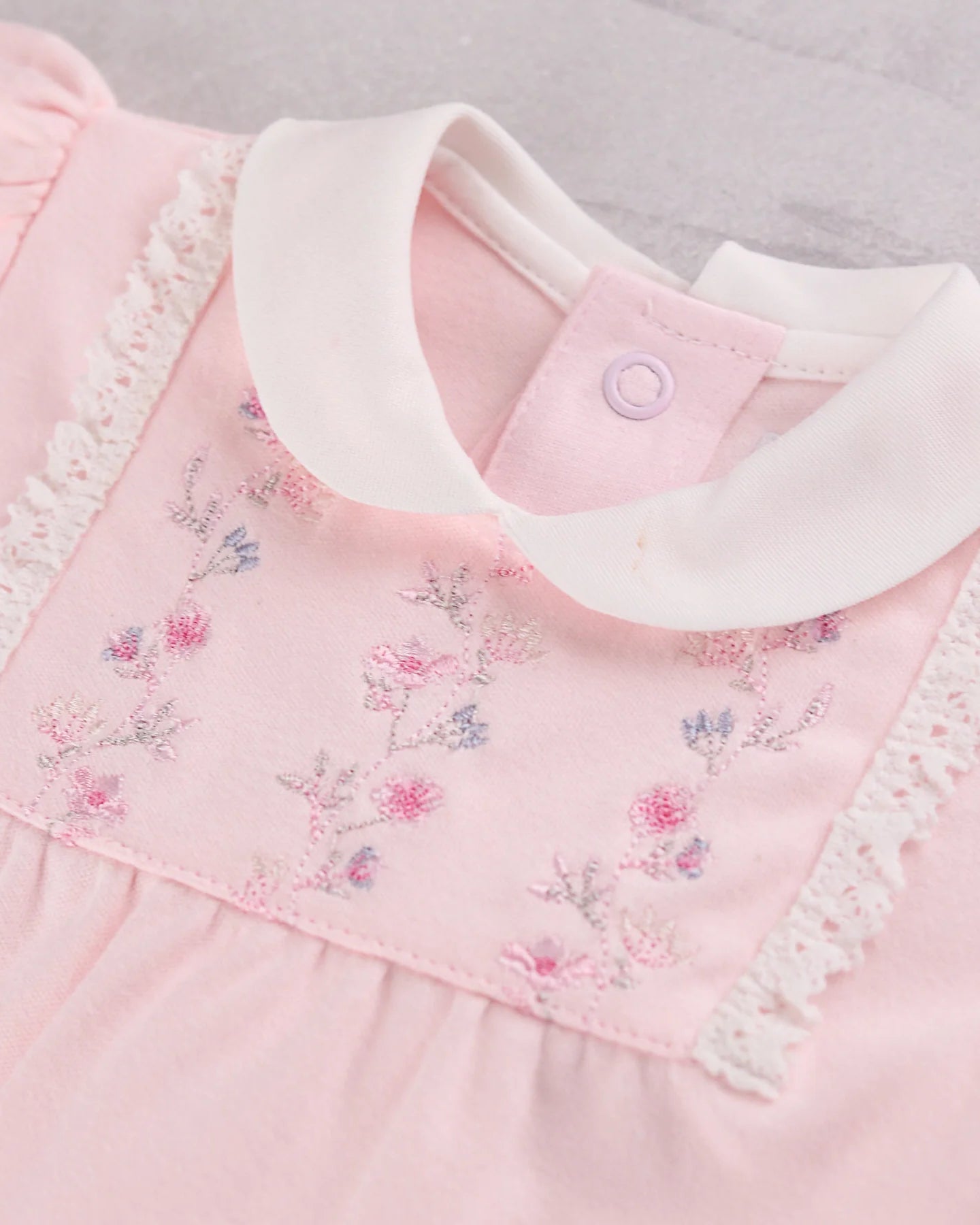 Emile et Rose Madeleine baby girls babygrow embroidered floral yoke and white collar detail