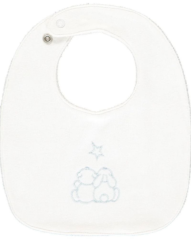 White baby bib with embroidered Emile teddy bear motif