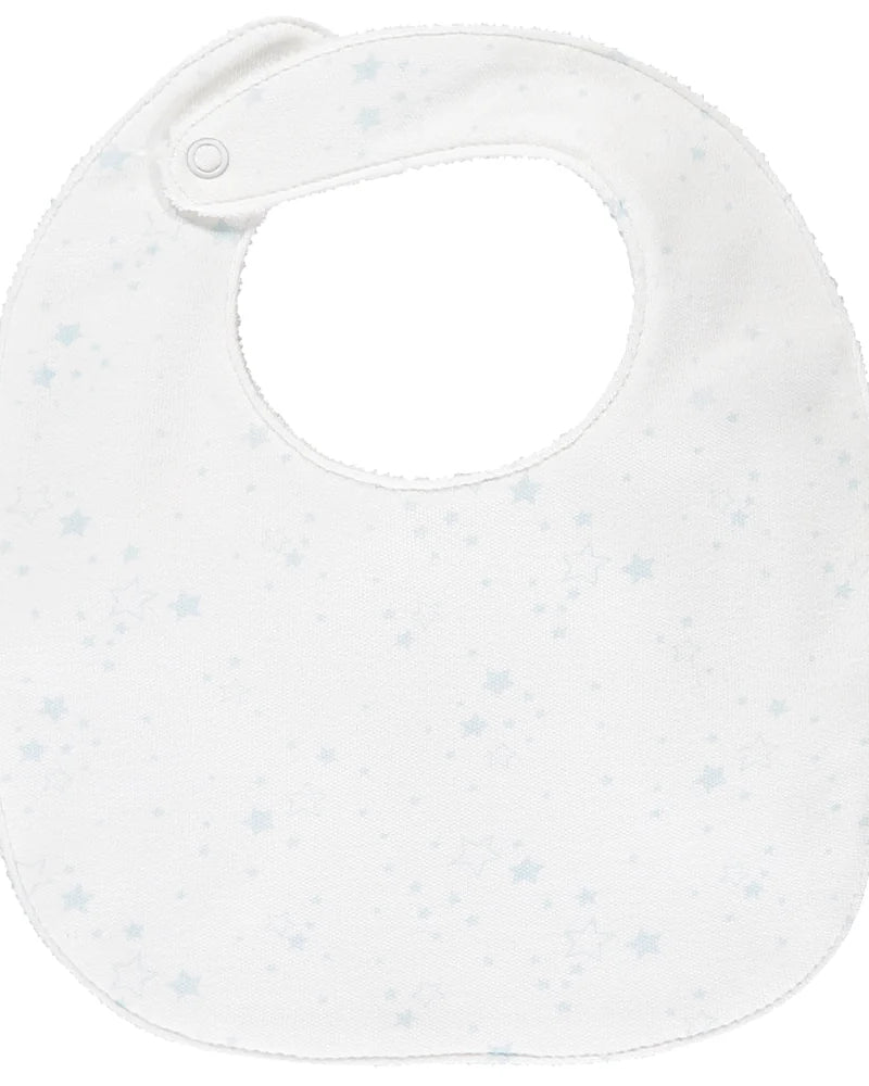 White baby bib with pale blue star print