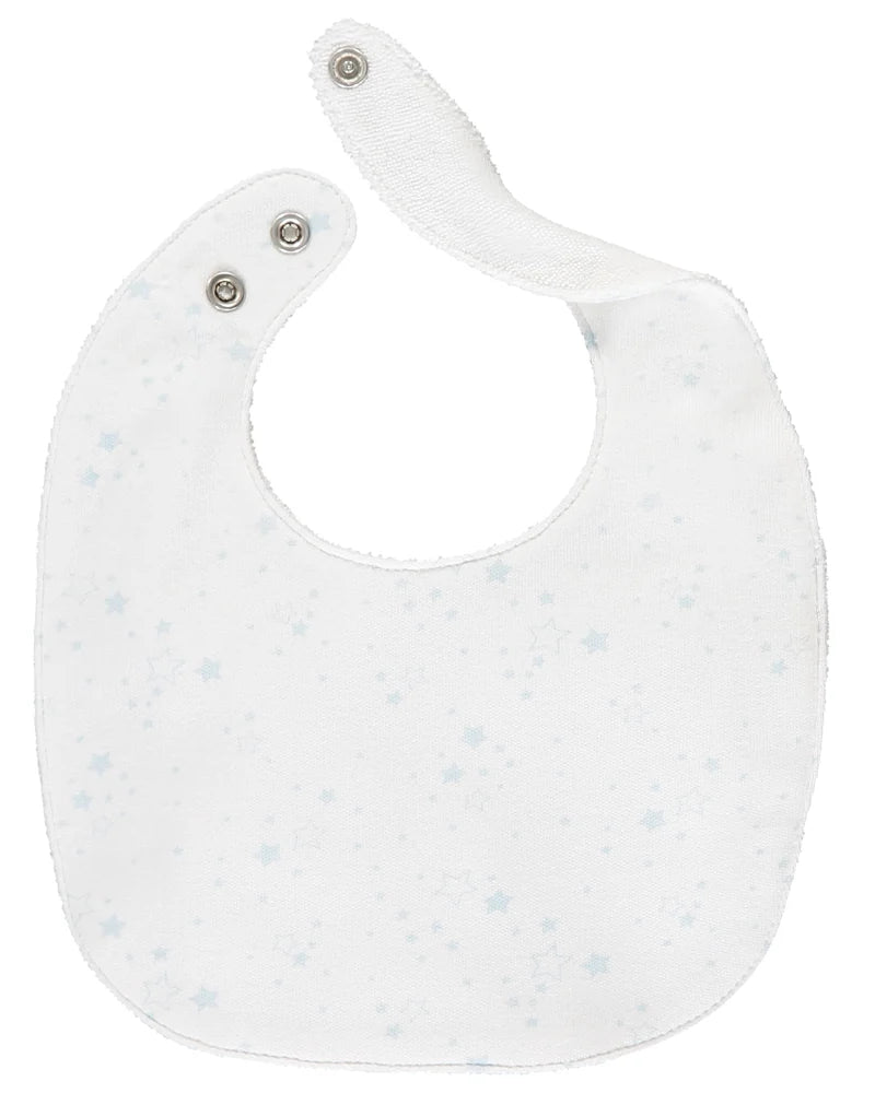 White baby bib with pale blue star print