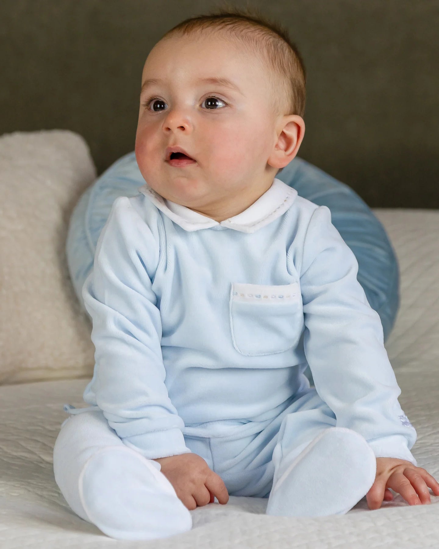 Baby boy wearing Emile et Rose Mason pale blue velour outfit set