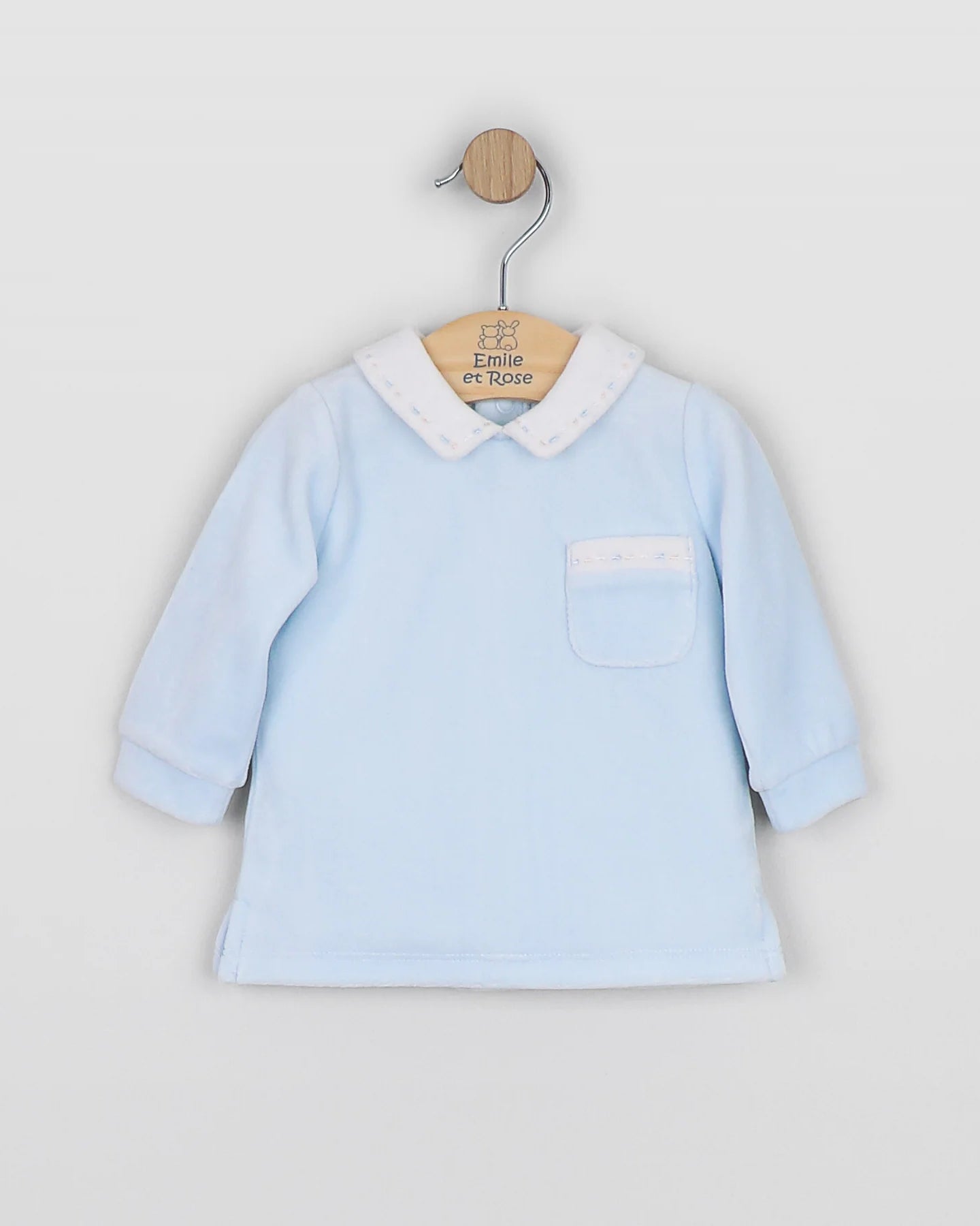 Baby boy wearing Emile et Rose Mason pale blue velour outfit set top