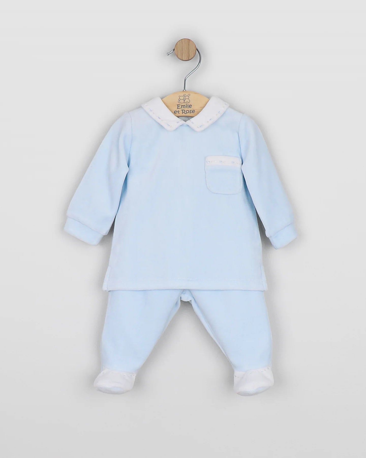 Front view of Emile et Rose Mason pale blue baby boys velour top
