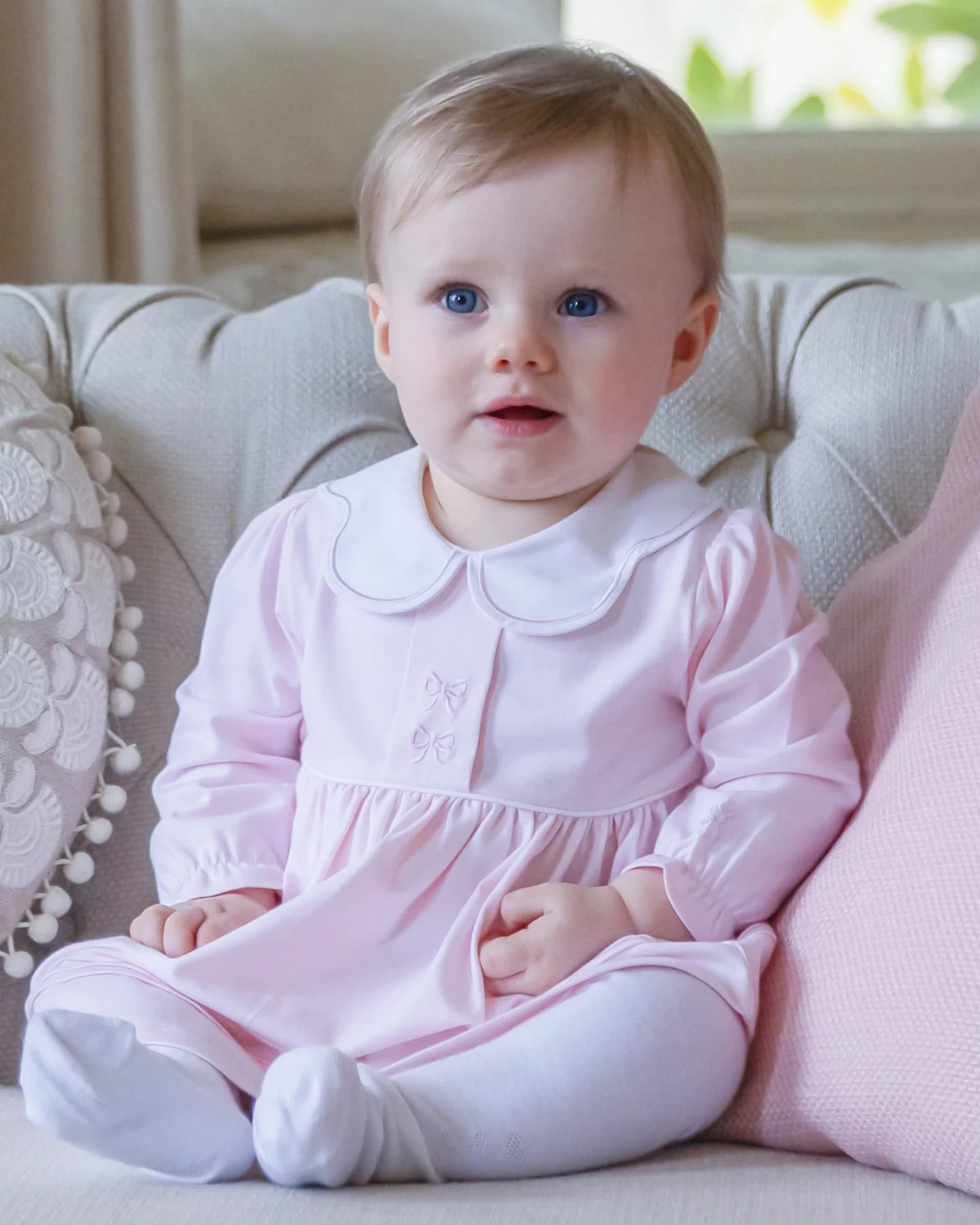 Emile et Rose Maggie pale pink baby girls dress outfit set with matching white tights