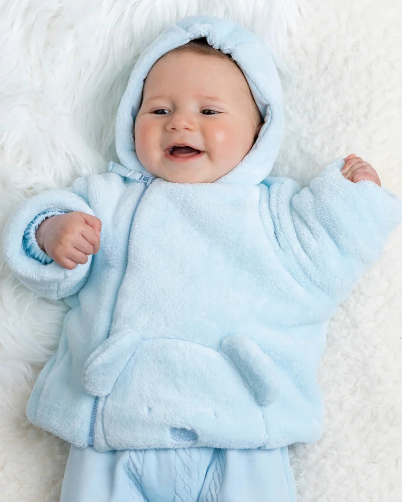 Emile et Rose Axel pale blue baby fleece jacket with hood and 3D teddy detail
