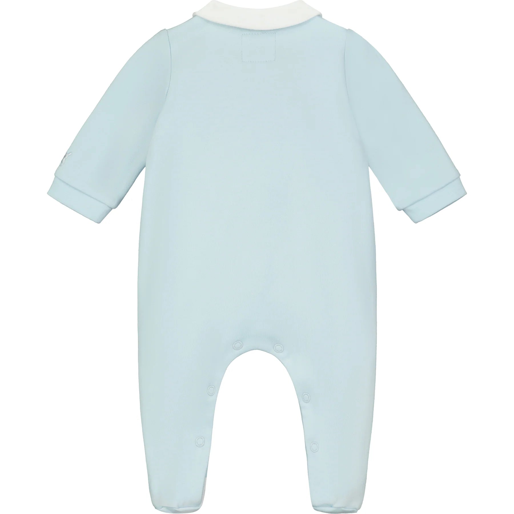 Back view of Emile et Rose Fisher blue babygrow outfit with collar