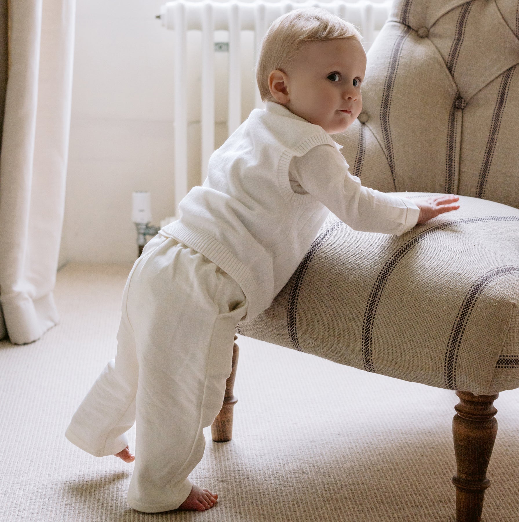 Emile et Rose George ivory three piece set with shirt trousers and tank top from back