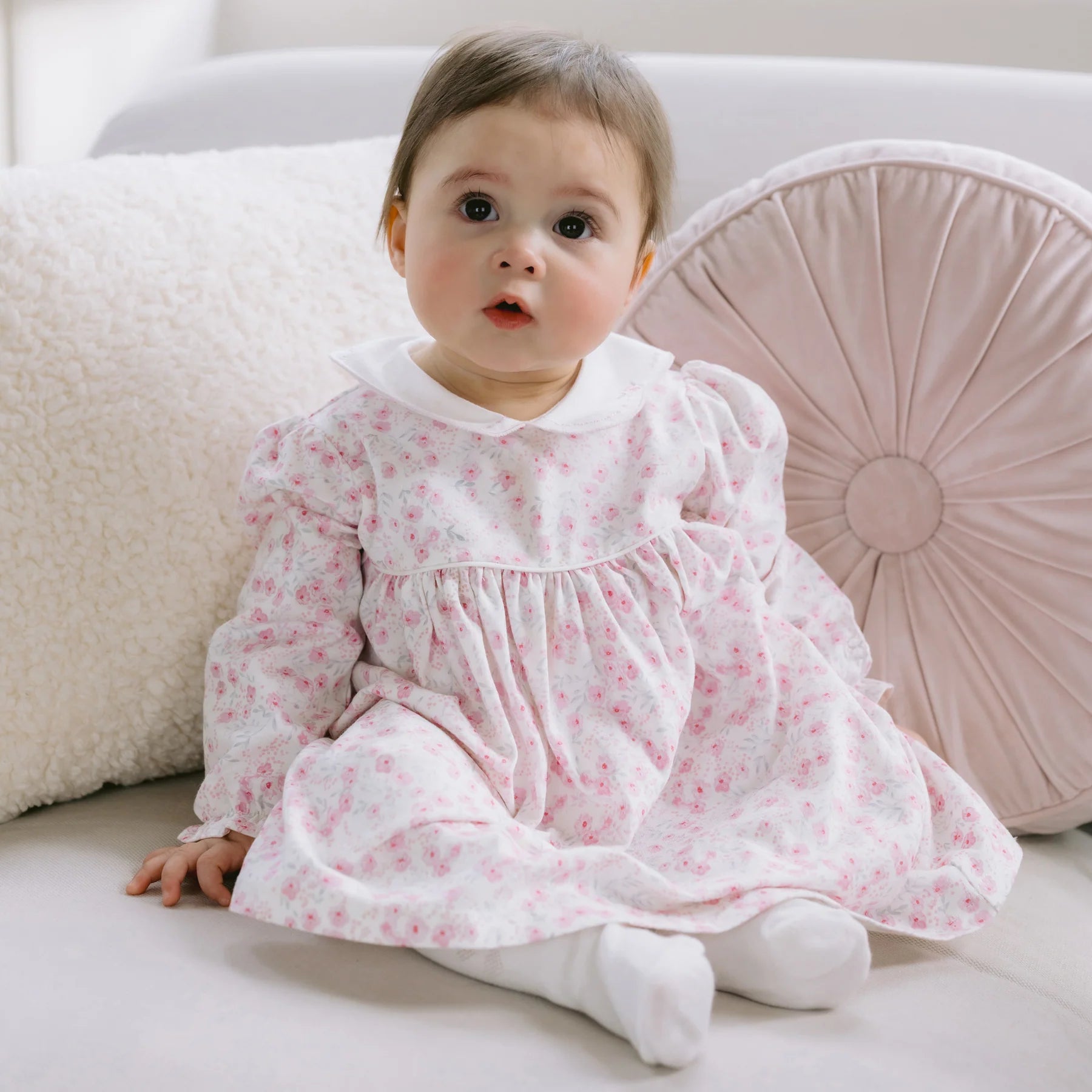 Emile et Rose Katya baby girls pink floral jersey dress worn by baby