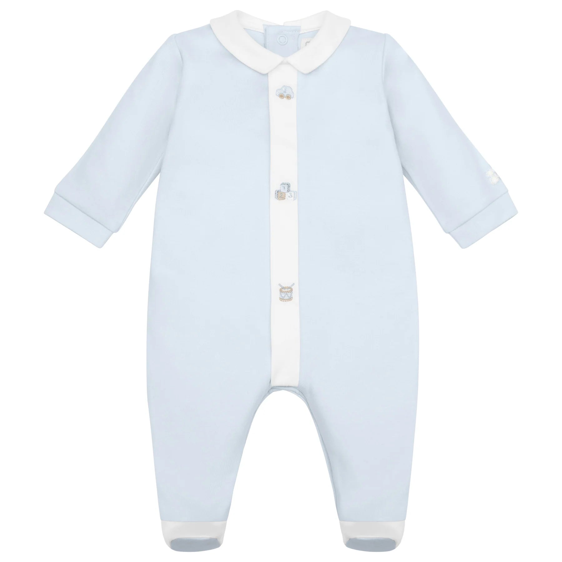 Full product shot of Emile et Rose Kent boys blue babygrow with hat, front view.