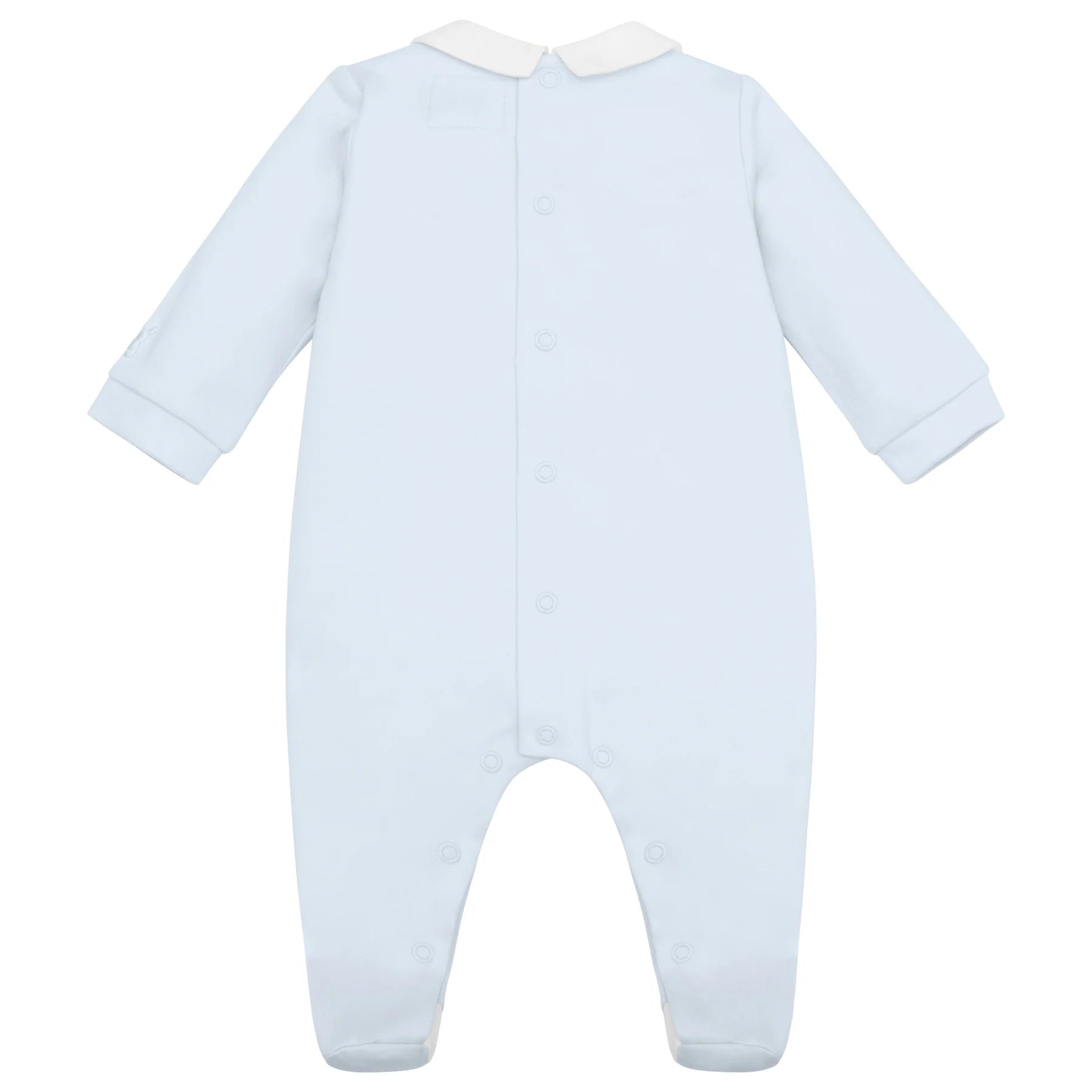 Flatlay back view of Emile et Rose Kent blue embroidered babygrow.