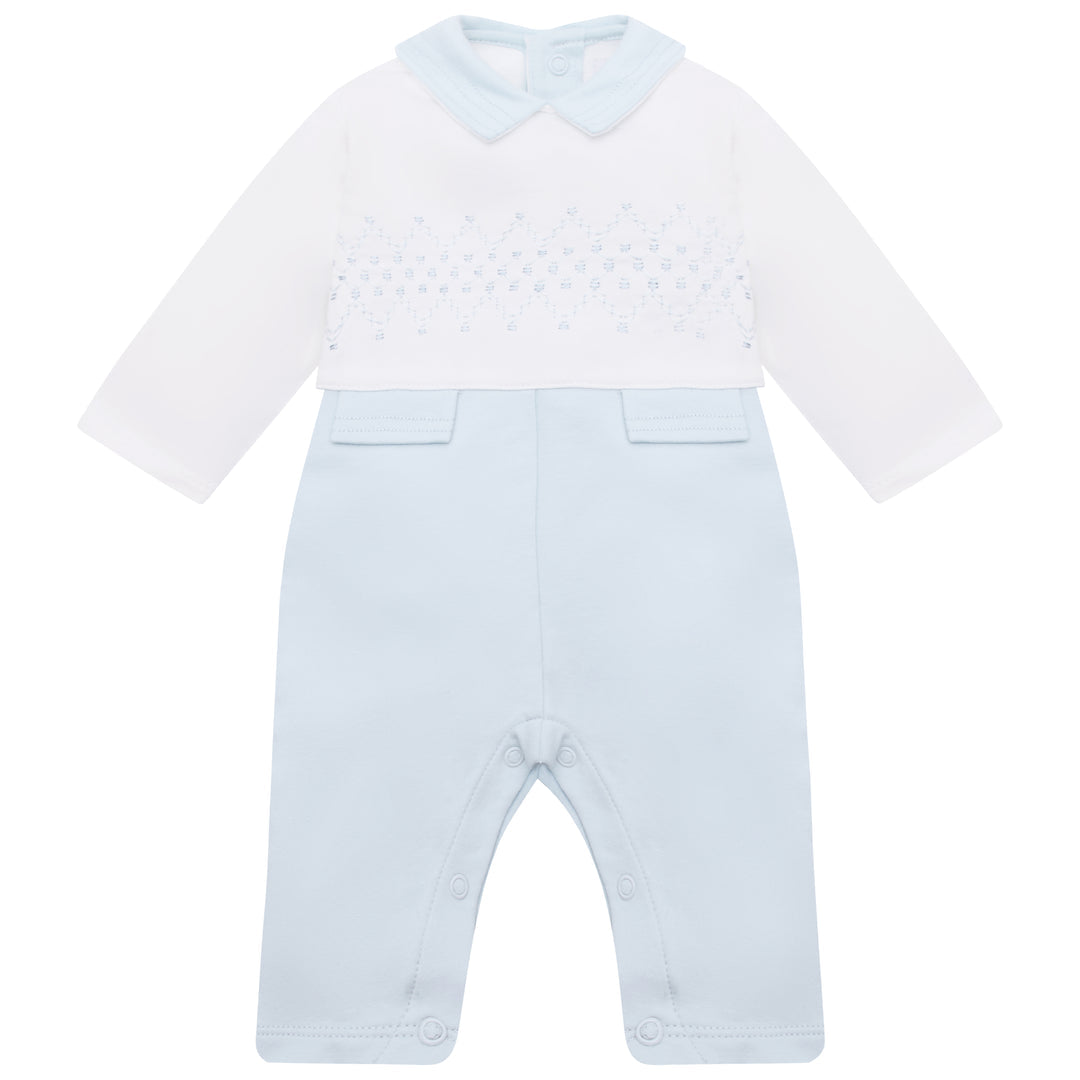 Emile et Rose baby boys blue and white babygrow front flat lay