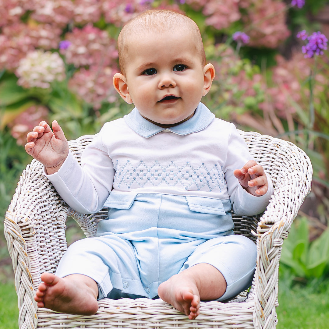 Emile et Rose baby boys babygrow embroidery detail blue white