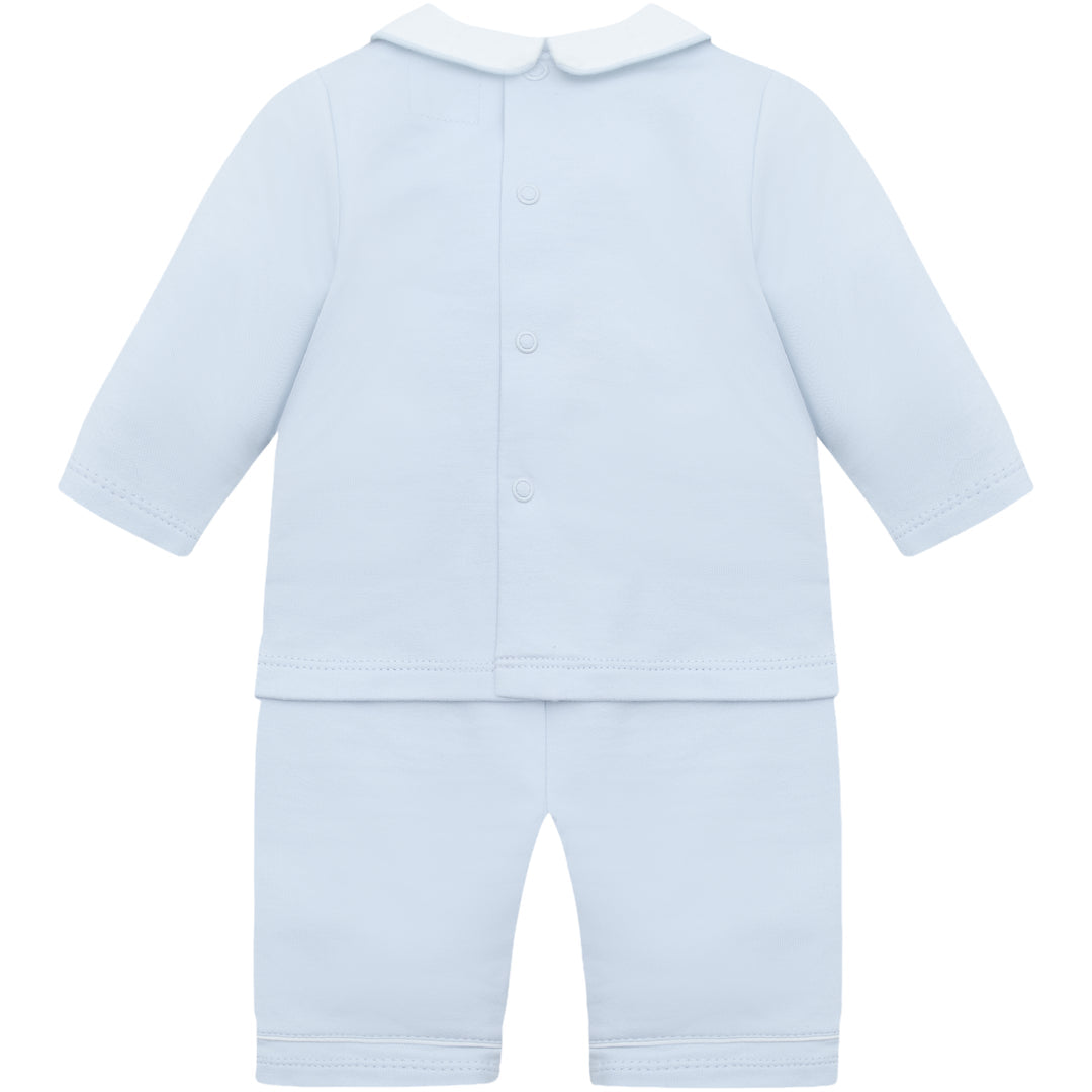 Emile et Rose baby boys blue outfit set back view with pop studs