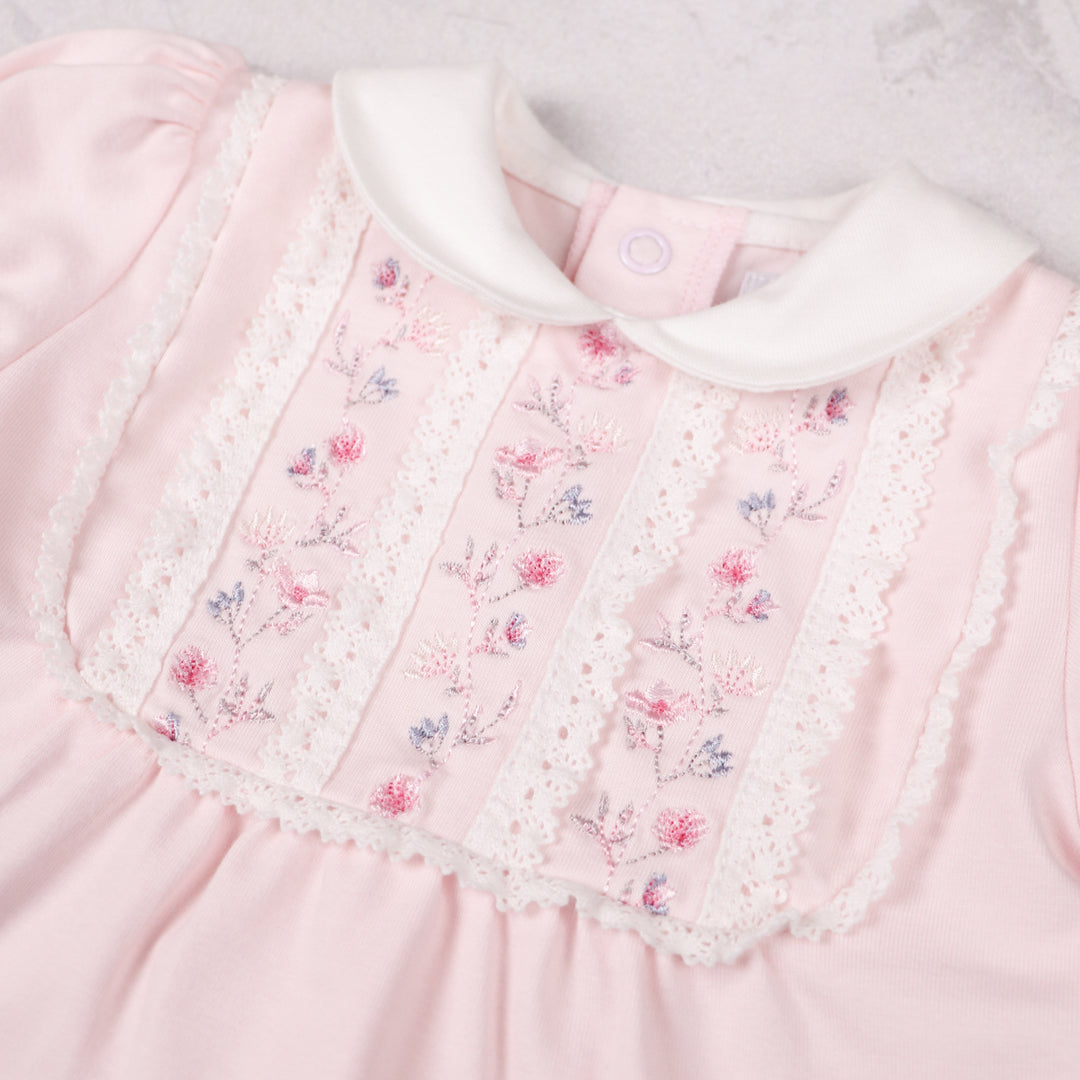 Emile et Rose pink baby smart occasion outfit lace and embroidery detail