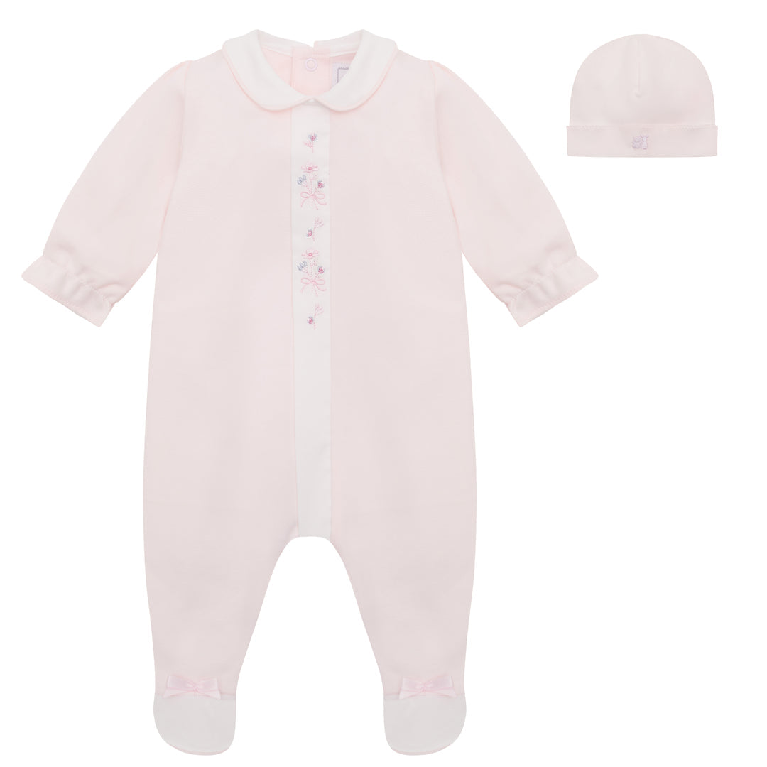 Emile et Rose pink baby girls babygrow and hat set with embroidery
