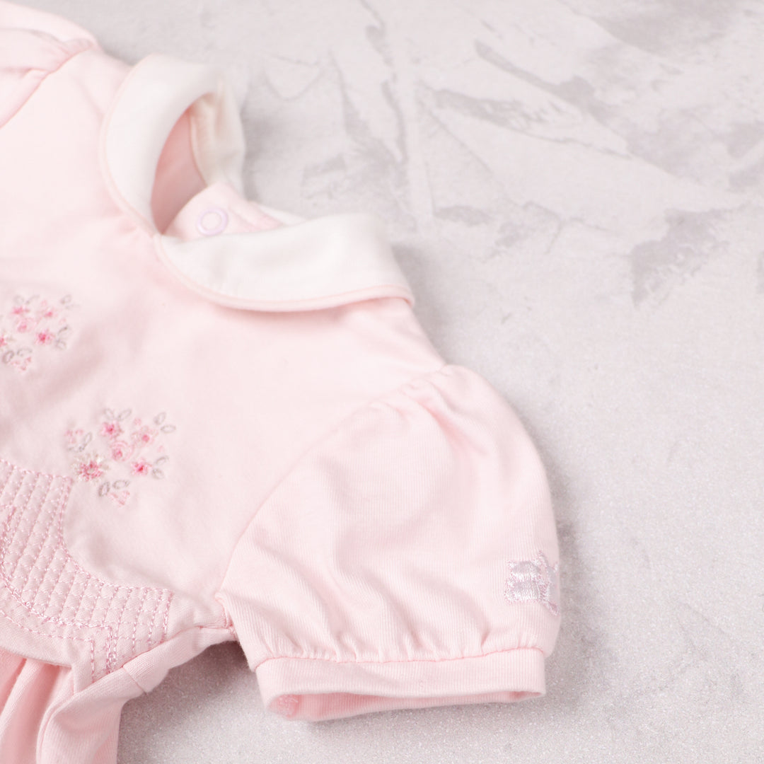 Emile et Rose pink baby girls dress fabric and stitching detail