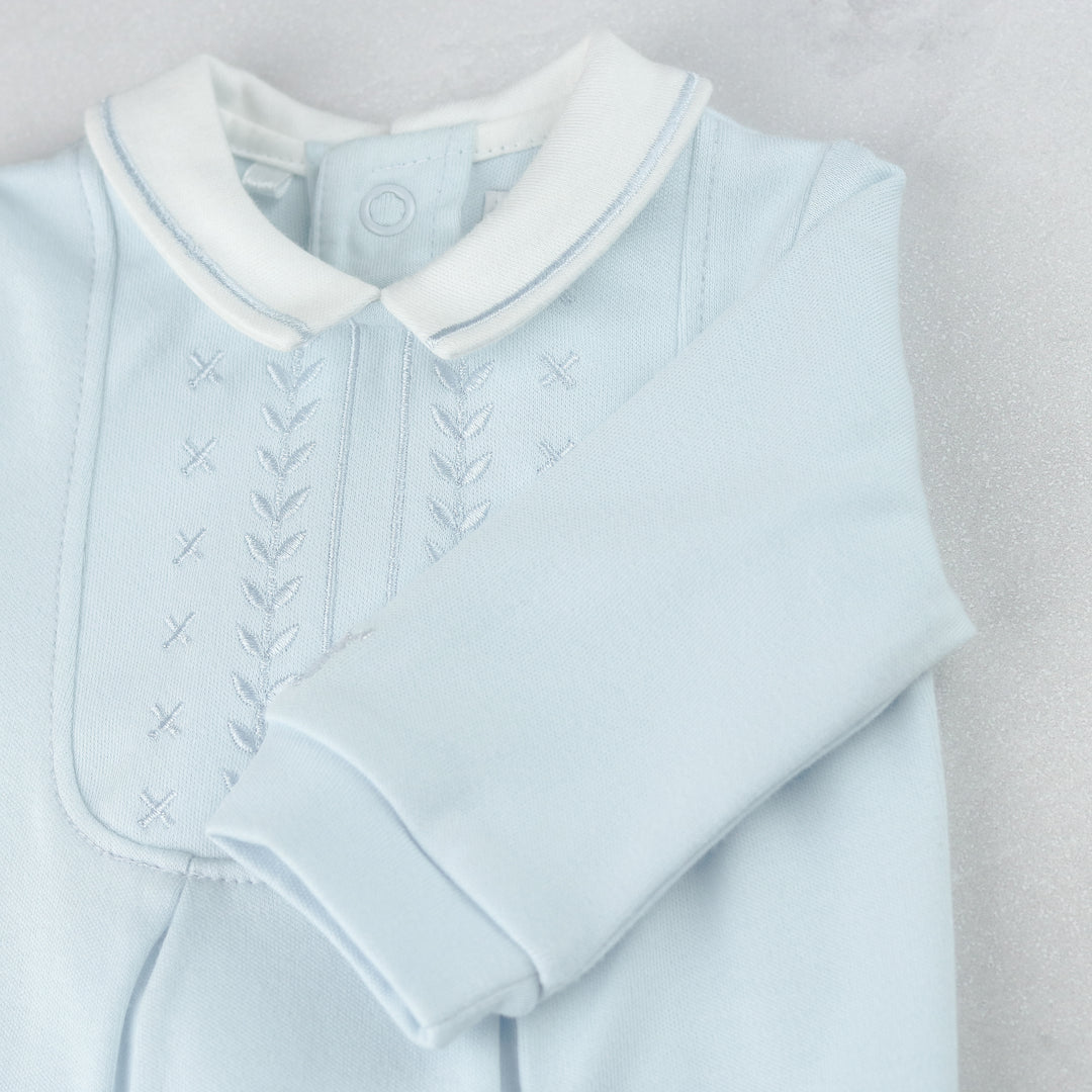 Emile et Rose baby boys smart blue babygrow close up long sleeve detail