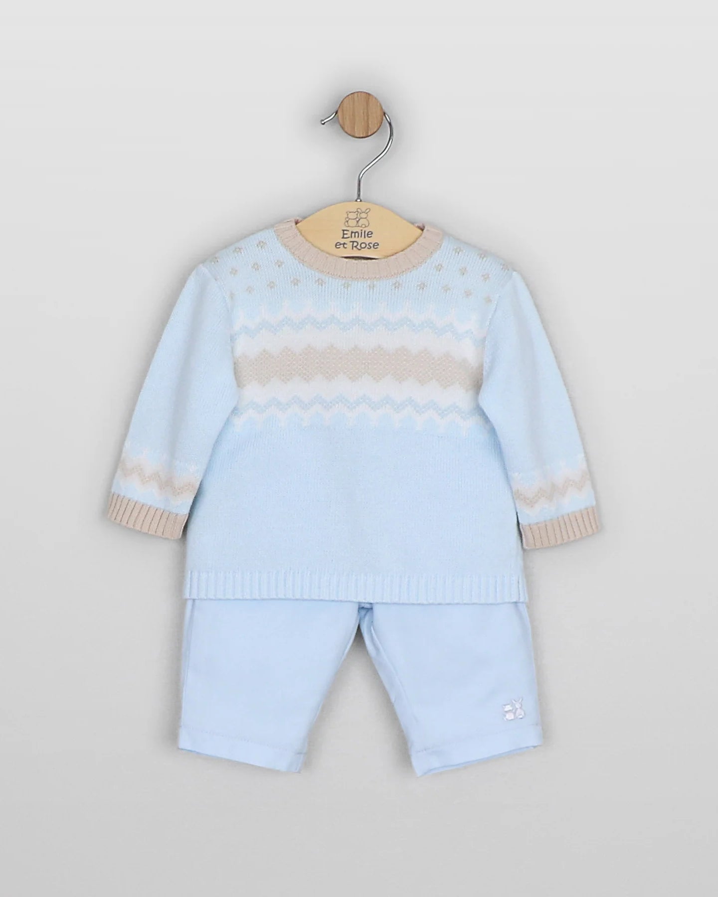 Front view of Emile et Rose Martin pale blue baby boys trouser set