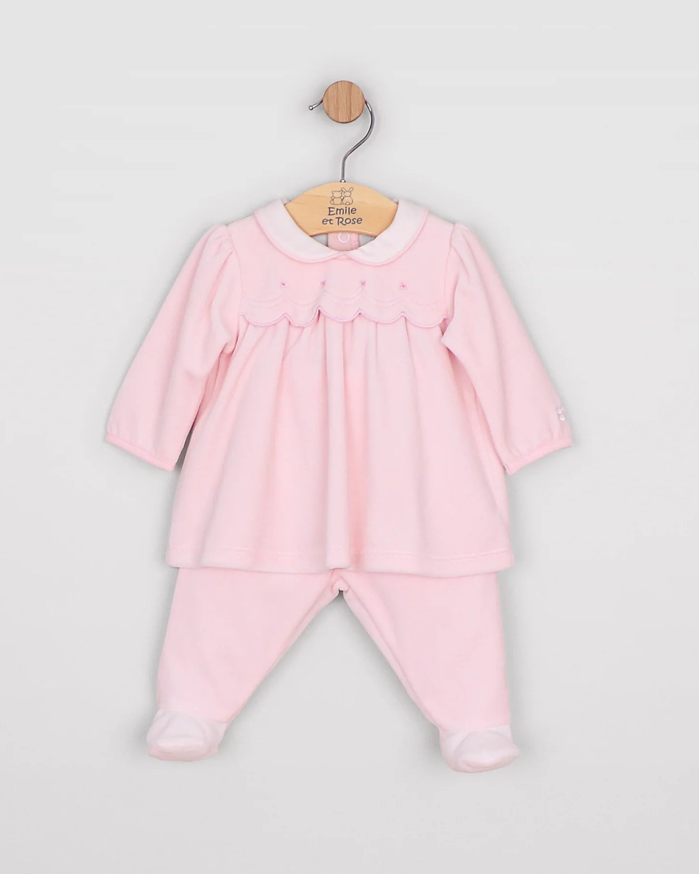 Back view of the Emile et Rose Michelle pale pink baby girls velour outfit
