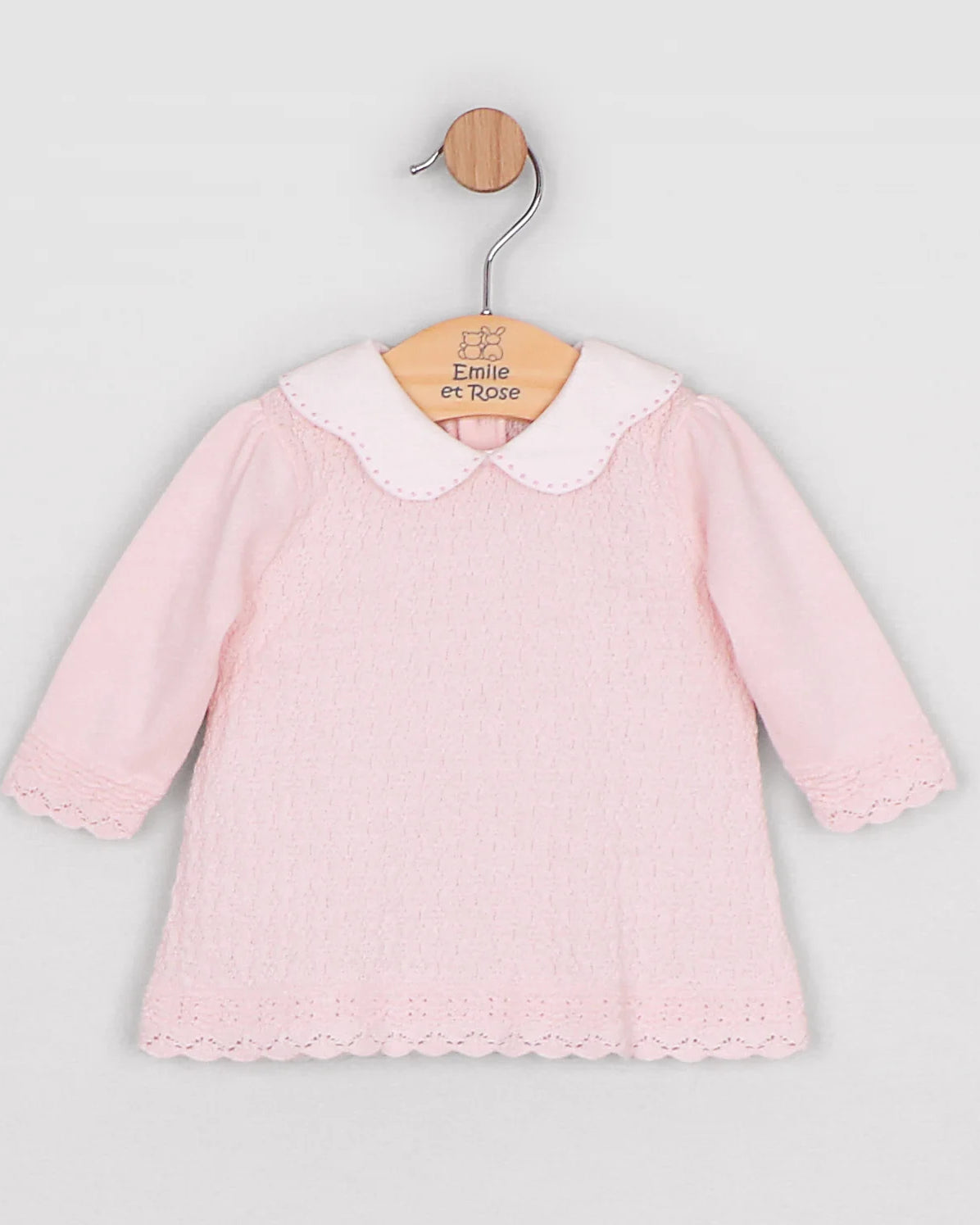 Front view of the Emile et Rose Minny pale pink baby girls knit outfit