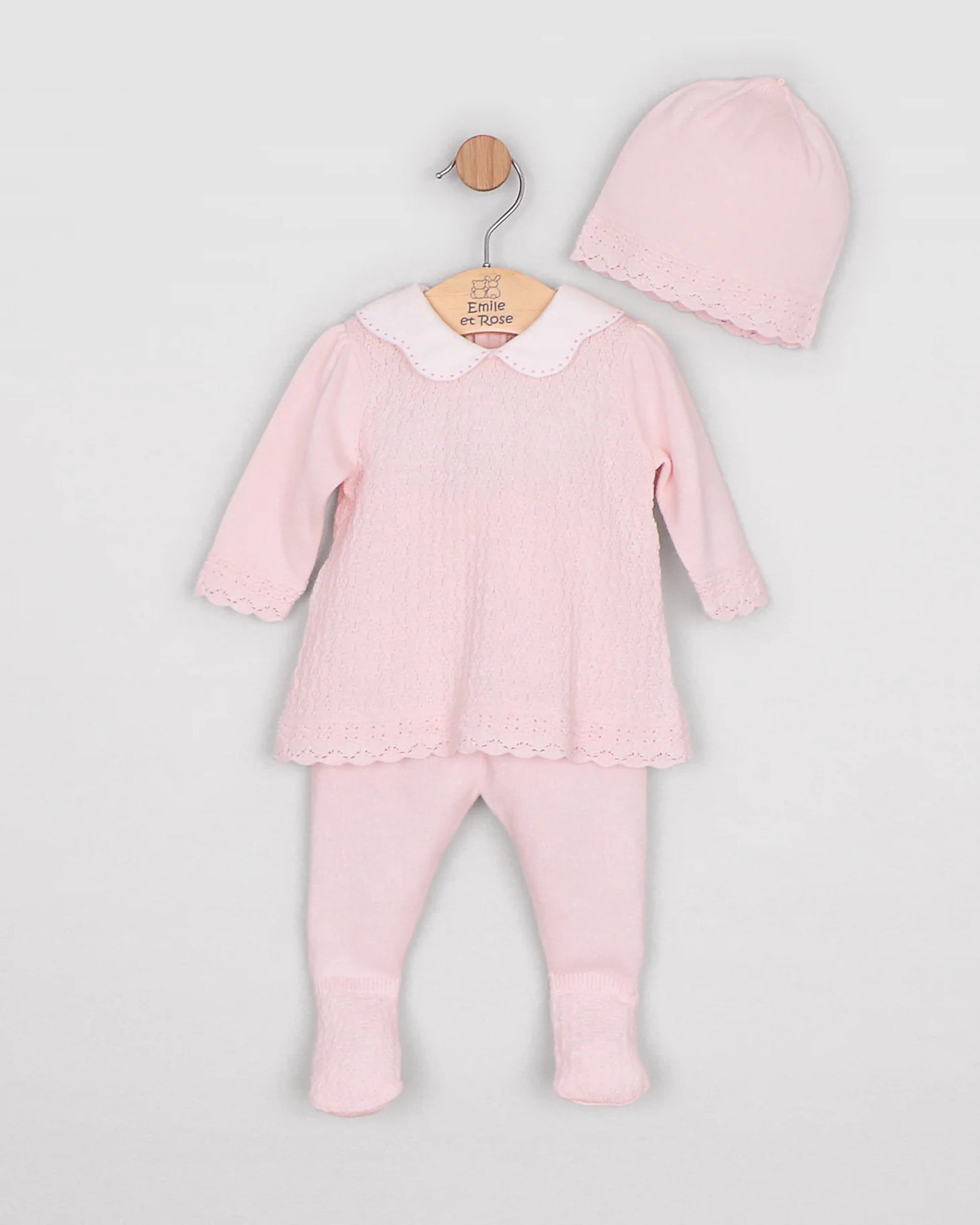 Emile et Rose Minny pale pink baby girls knit outfit gift set with matching hat