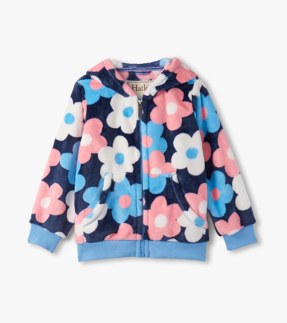 Hatley Girls Big Flowers Fleece Hoodie navy with pink and blue flowers
