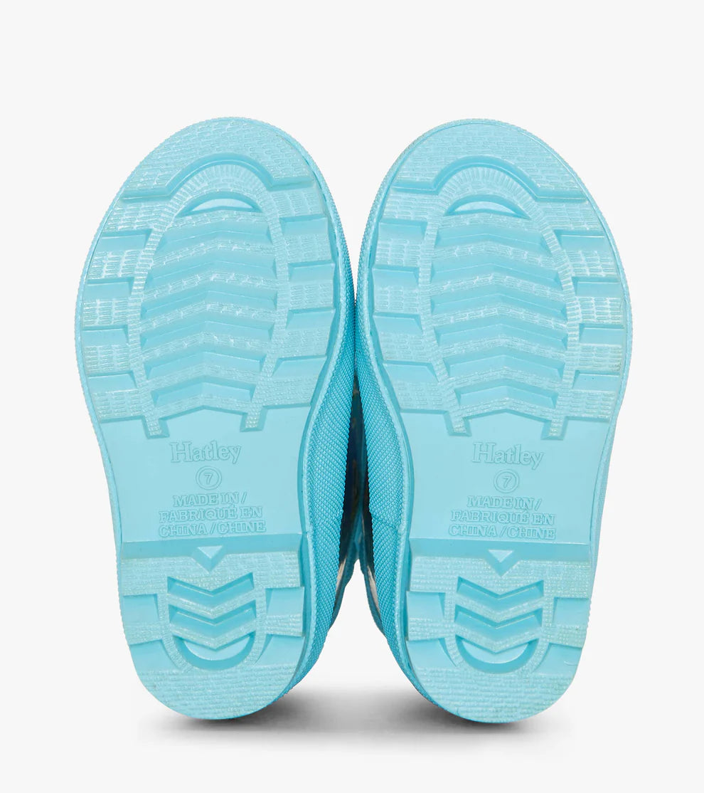 Pair of Hatley Boys BlueDino Roar Rain Boots with slip-resistant soles