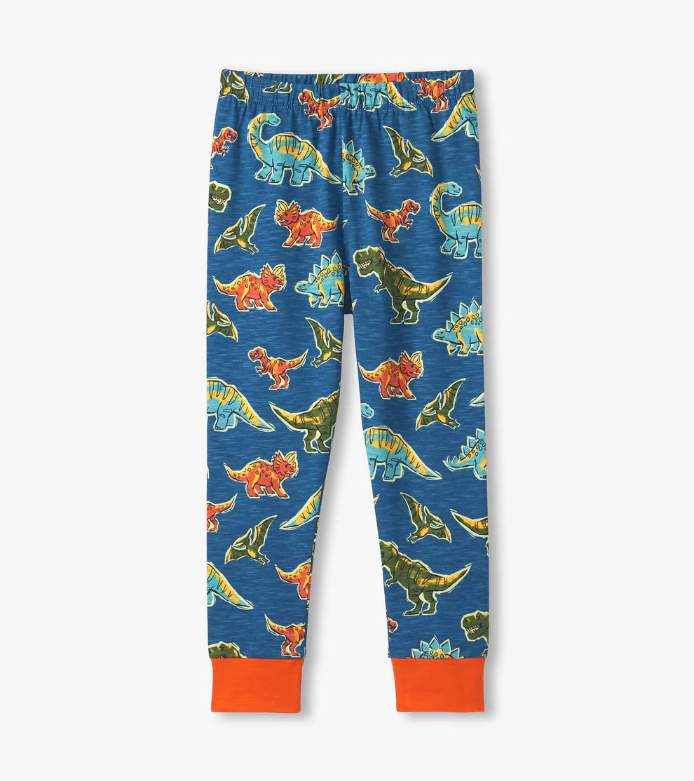 Hatley Boys Organic Cotton Dino Roar Pyjama Trousers flat with orange cuffs