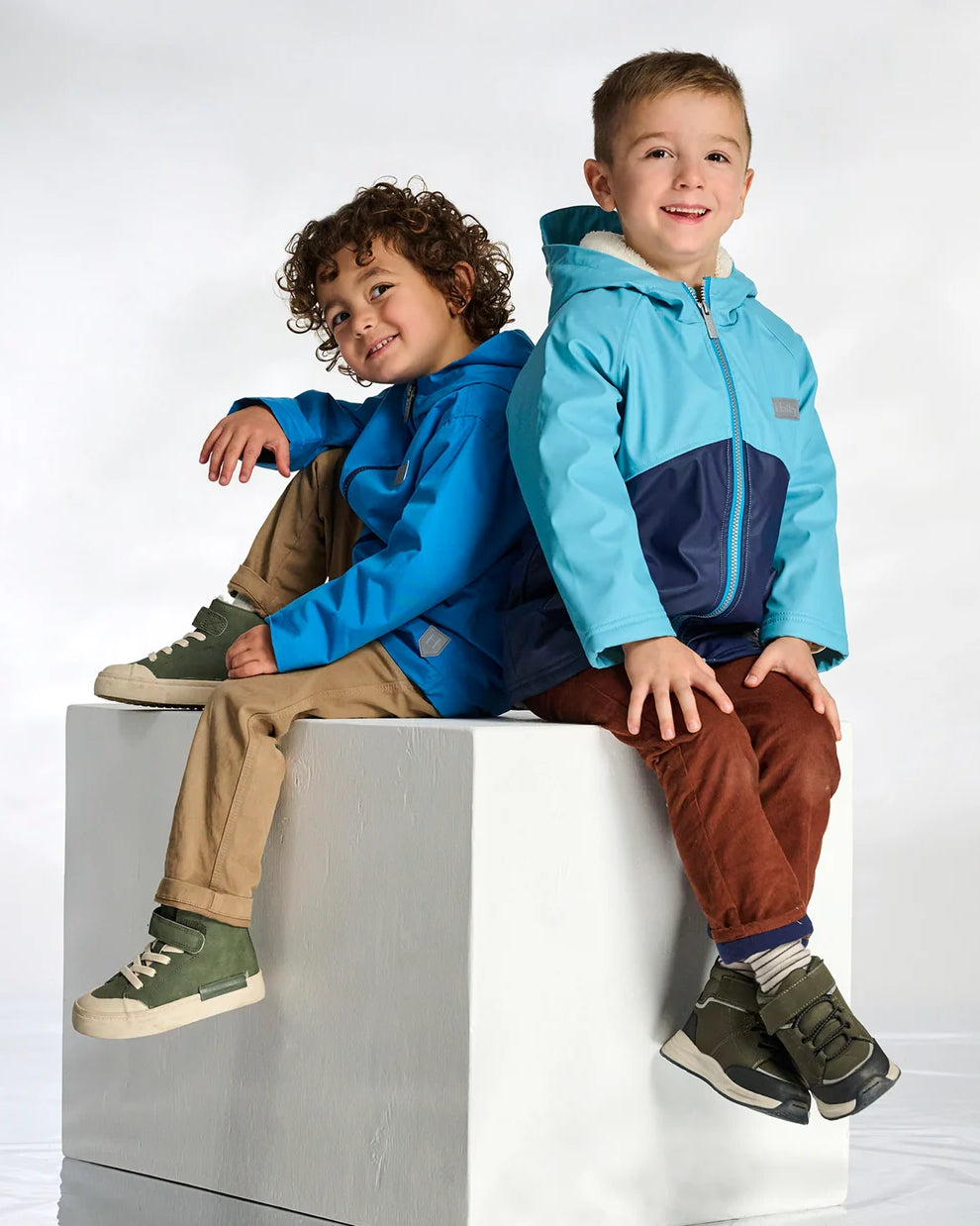 Boy wearing Hatley blue sherpa lined waterproof rain jacket