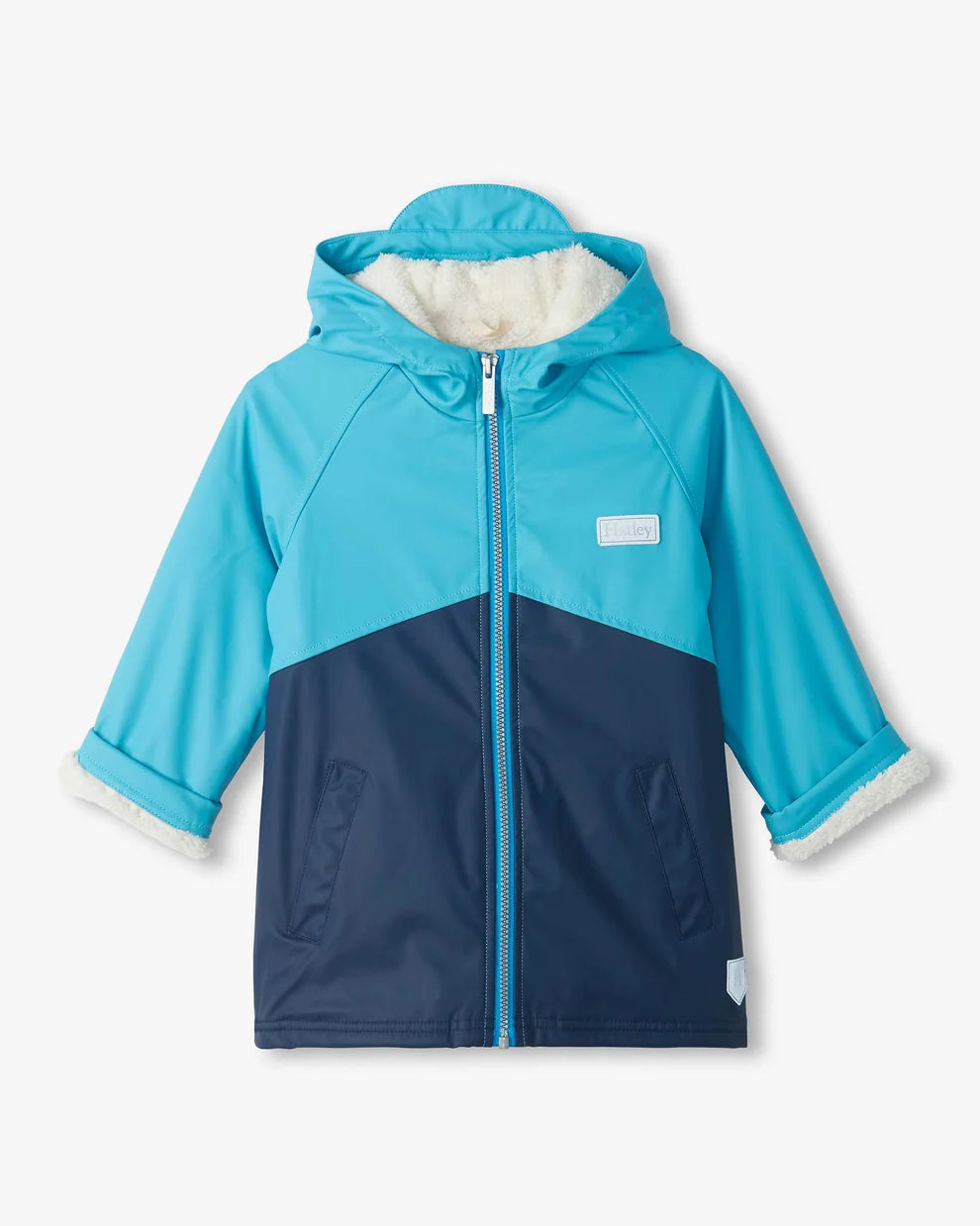 Hatley boys blue waterproof sherpa lined raincoat front view