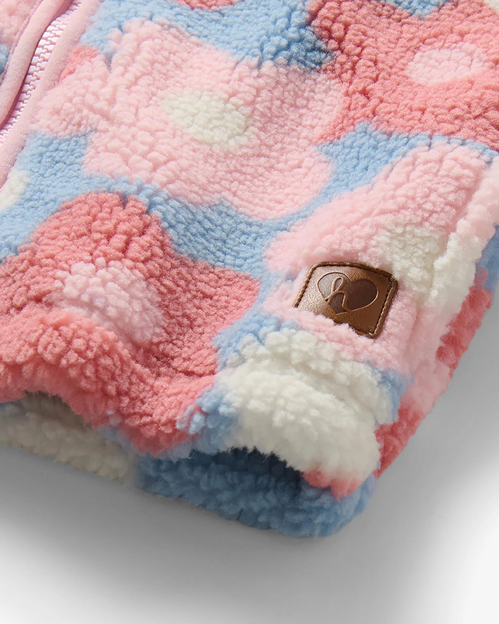Hatley Girls Big Flowers faux sherpa jacket close-up showing soft fleece texture and pocket detail