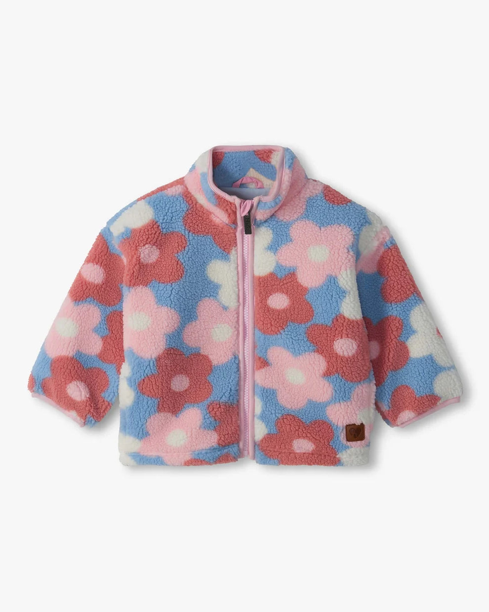 Hatley Girls Big Flowers faux sherpa jacket front view in Kentucky Blue with pink red and cream floral print