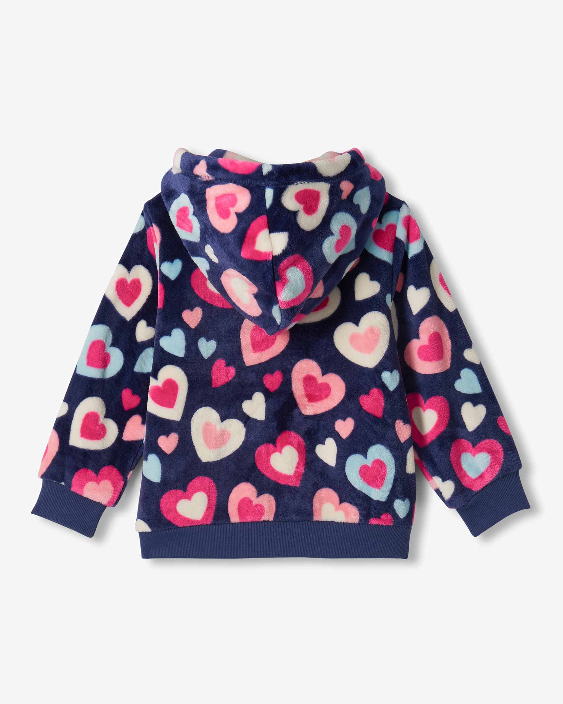 Hatley Girls Bunches of Hearts fleece hoodie back view with colourful heart print