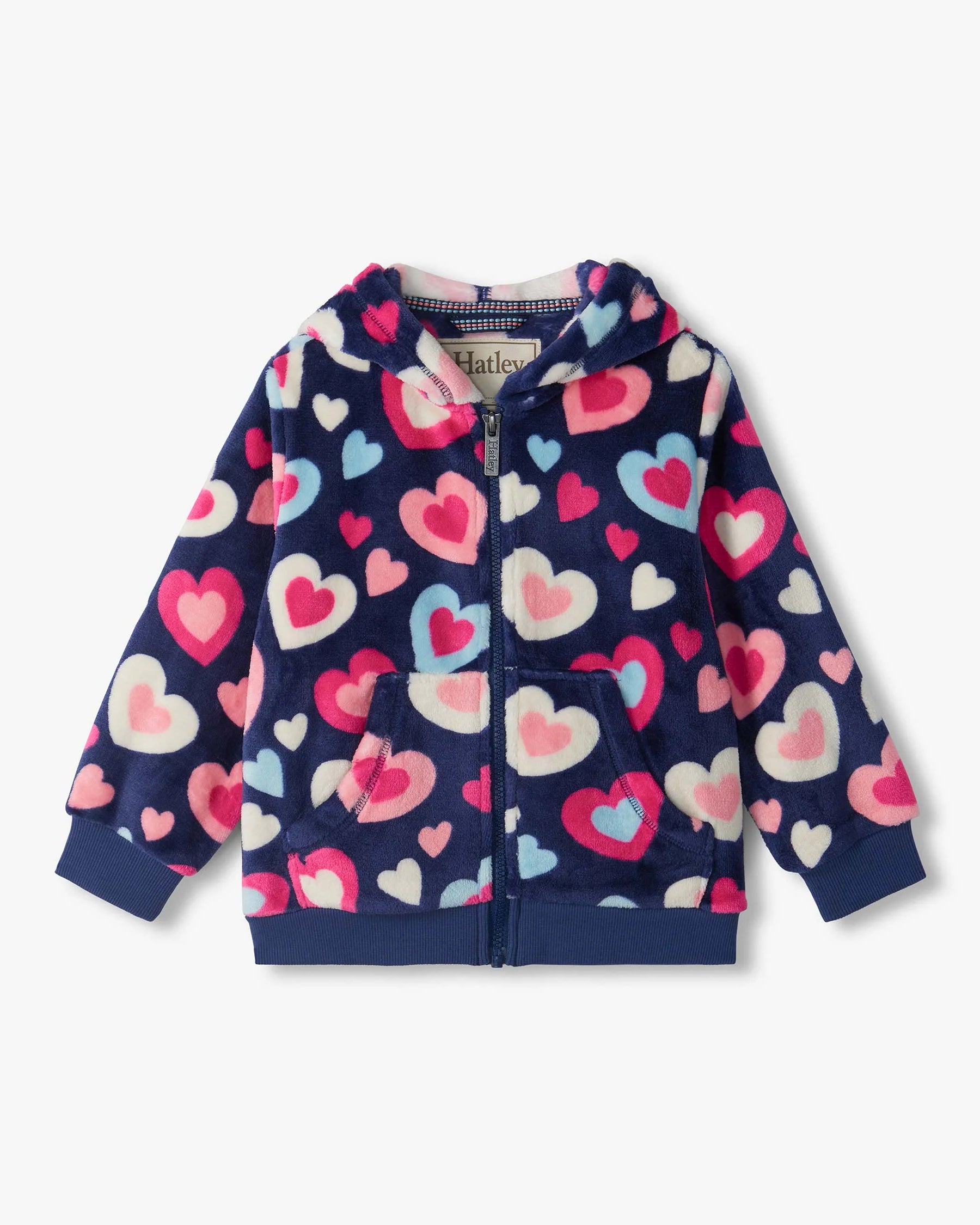 Hatley Girls Bunches of Hearts navy fleece zip-up hoodie front view