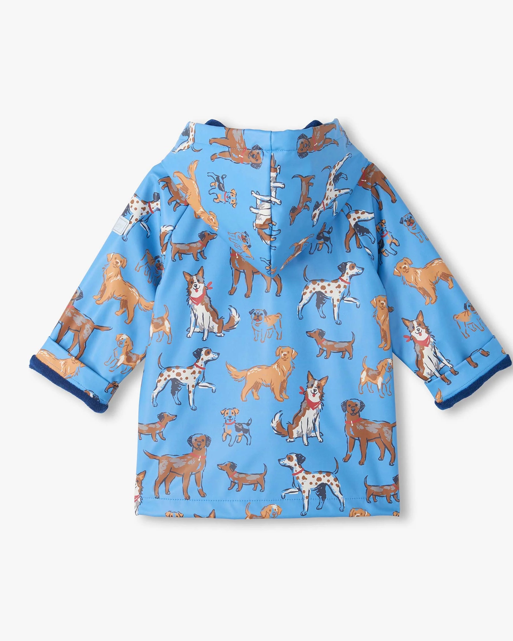 Hatley Baby & Boys Little Pups blue waterproof raincoat back view with dog print