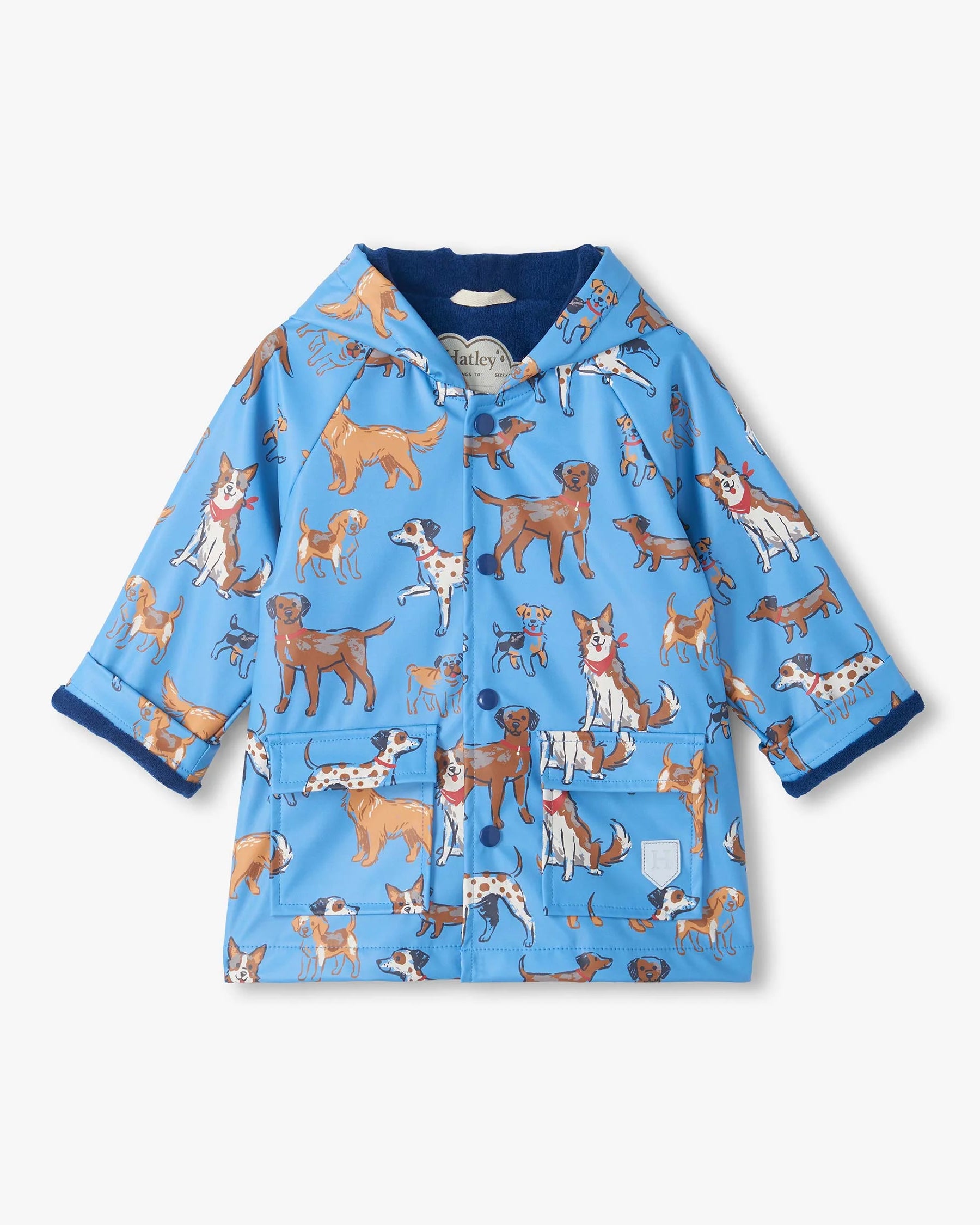 Hatley Baby & Boys Little Pups blue waterproof rain jacket front view with dog print