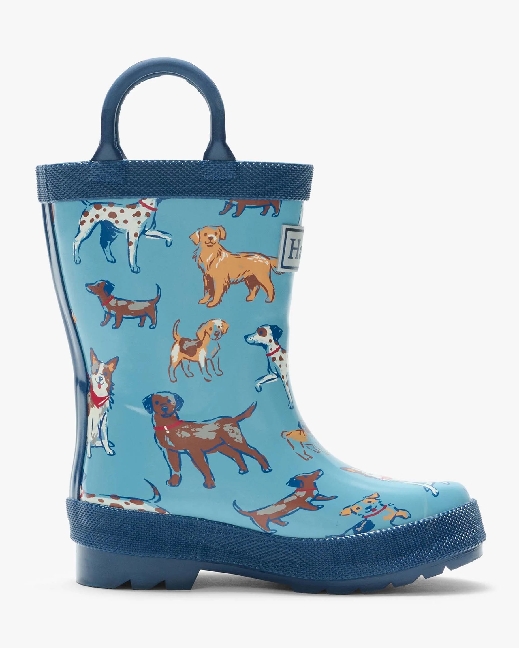 Hatley Little Pups boys blue rain boot side view with dog print