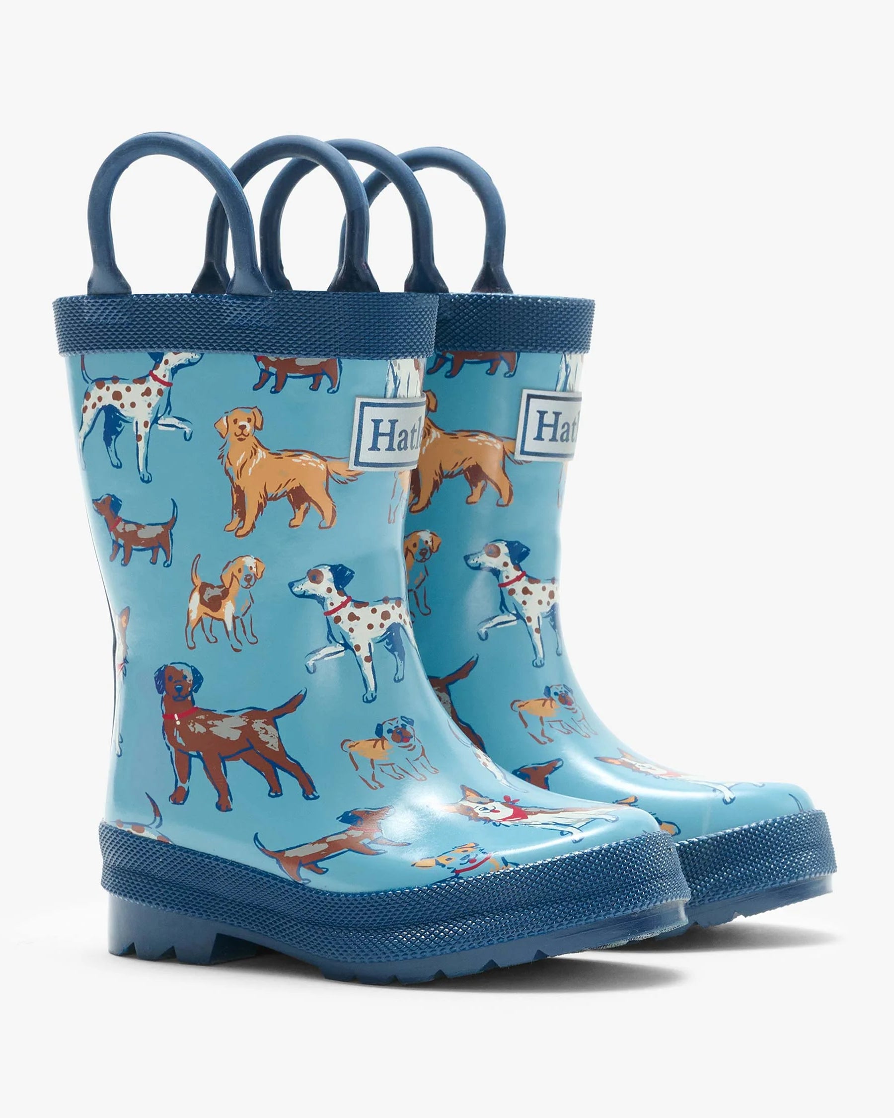 Hatley Little Pups blue waterproof boys wellies with dog print and pull-on handles