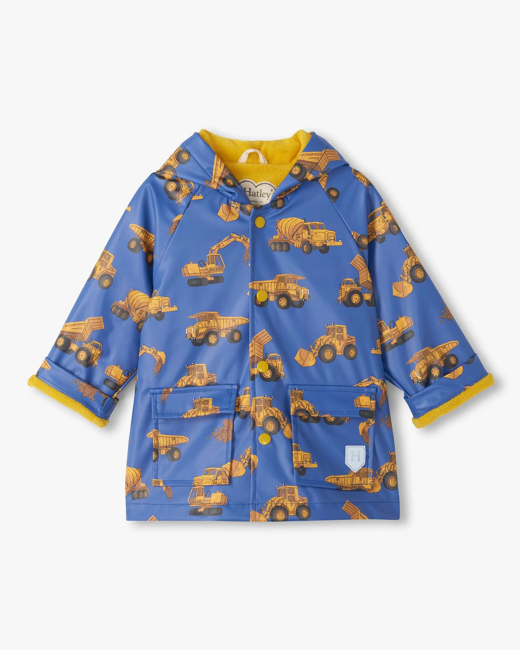 Hatley baby and toddler boys Construction Trucks blue waterproof raincoat front view