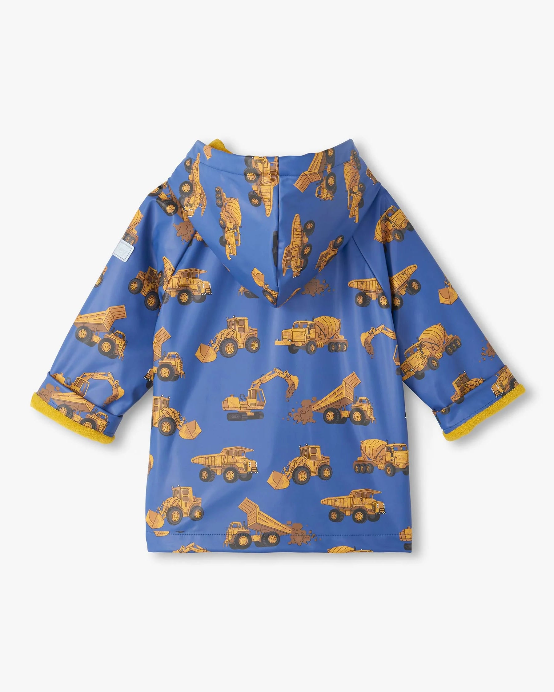 Hatley baby and toddler boys Construction Trucks blue waterproof raincoat back view